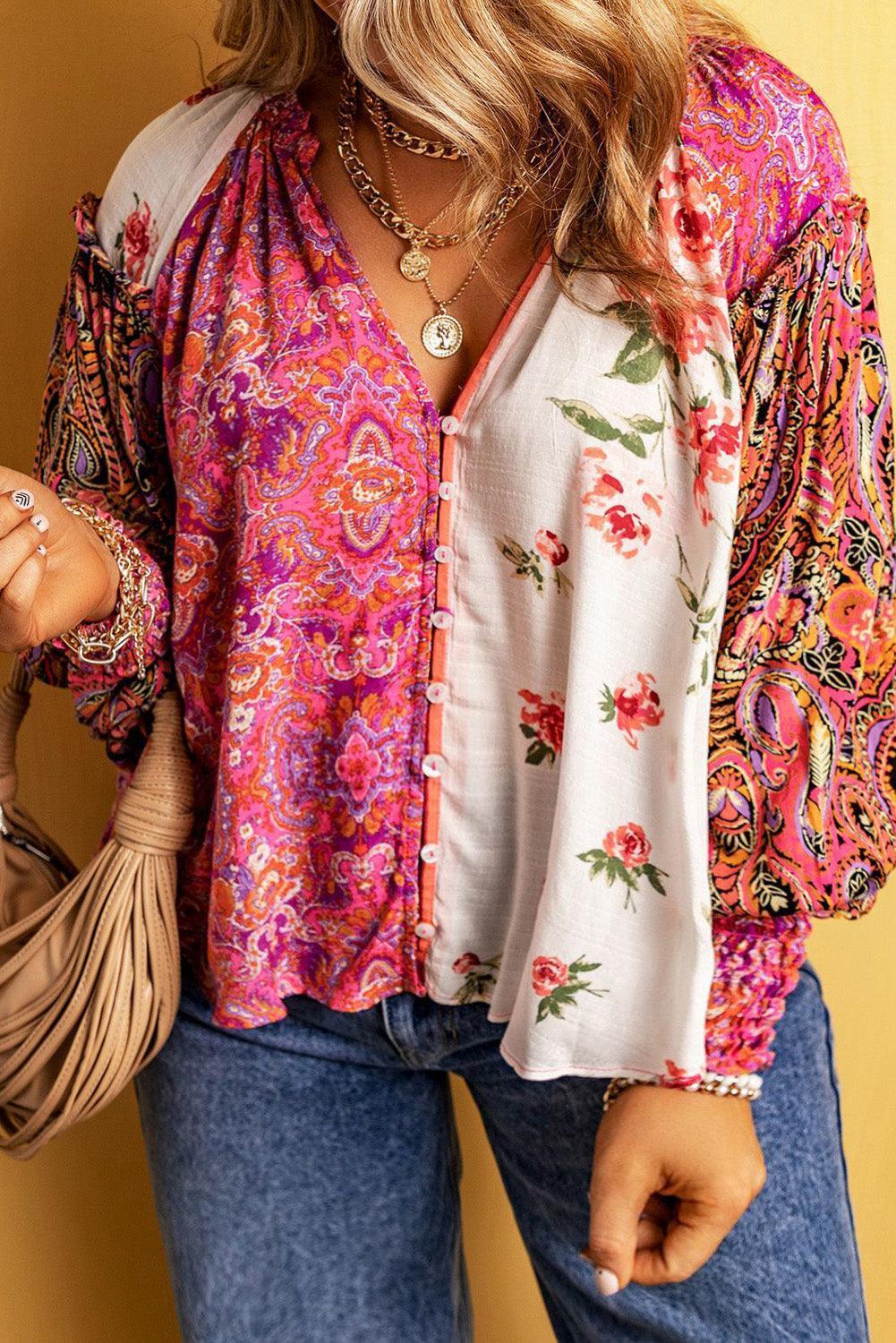 Plus Size Frill Printed V-Neck Long Sleeve Blouse - ClubOn