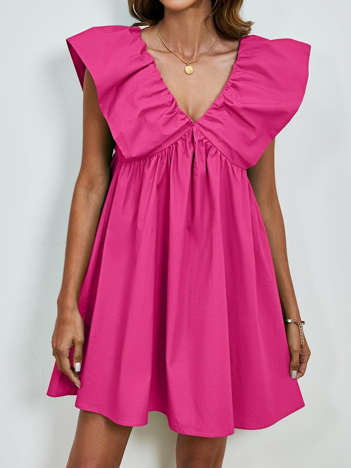 V-Neck Cap Sleeve Mini Dress - ClubOn