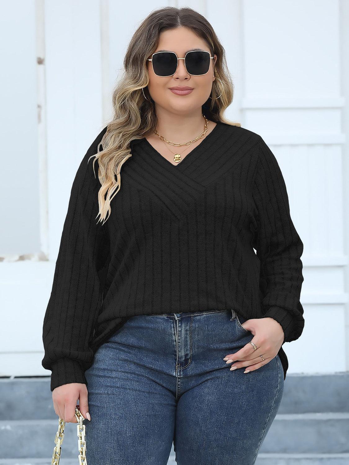 Plus Size Ribbed V-Neck Long Sleeve Top - ClubOn