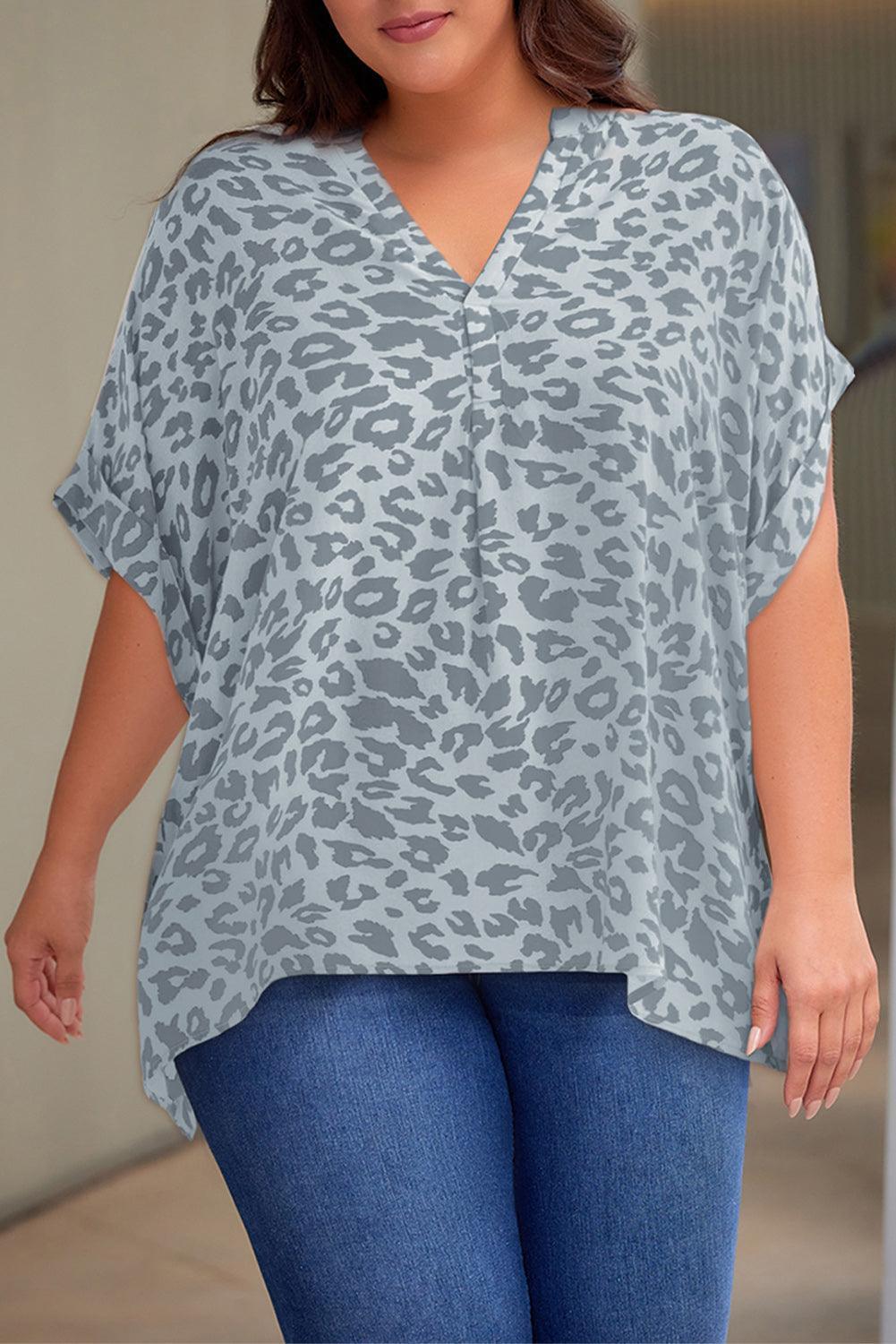 Plus Size Printed Notched Neck Half Sleeve Top - ClubOn