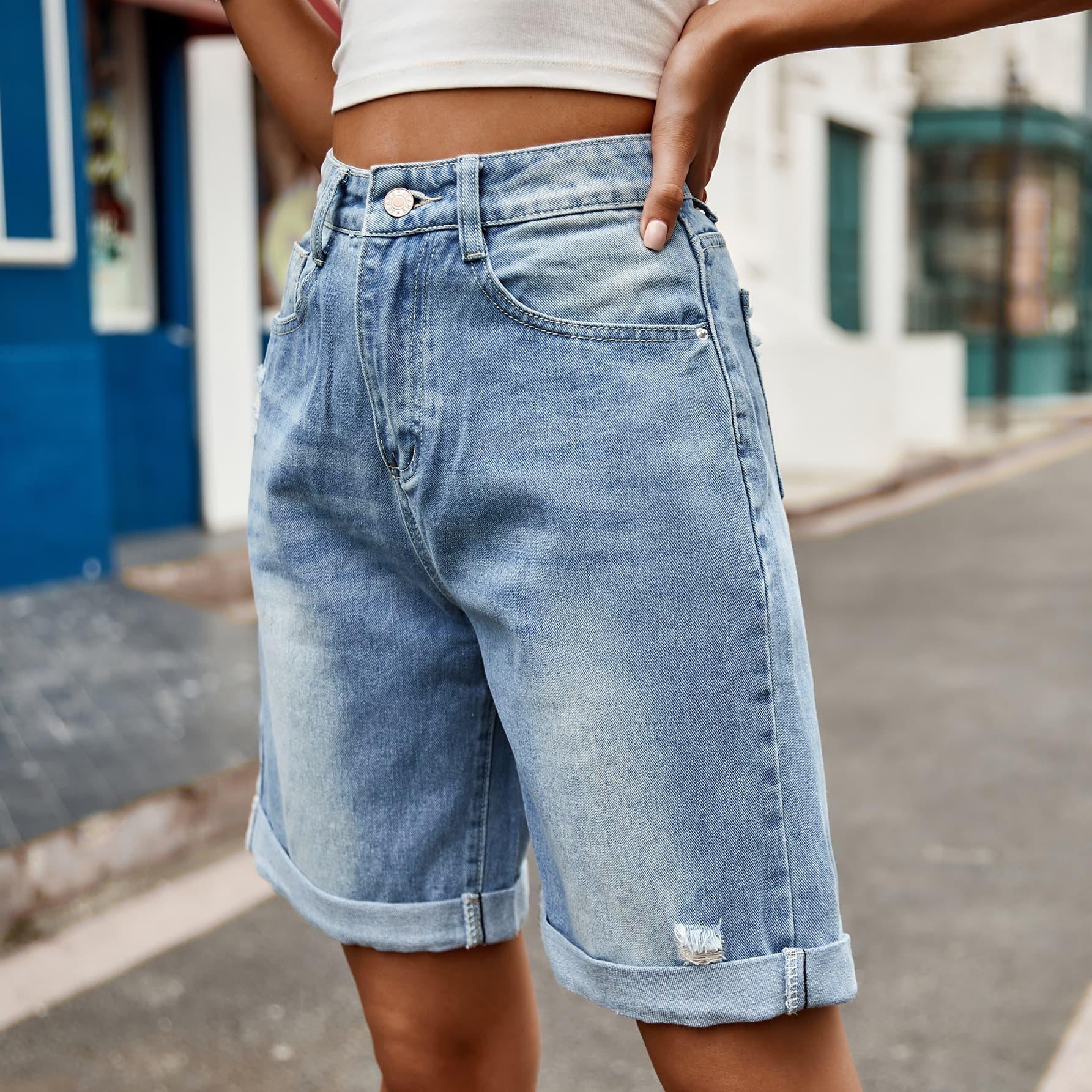 Distressed Buttoned Denim Shorts with Pockets - ClubOn
