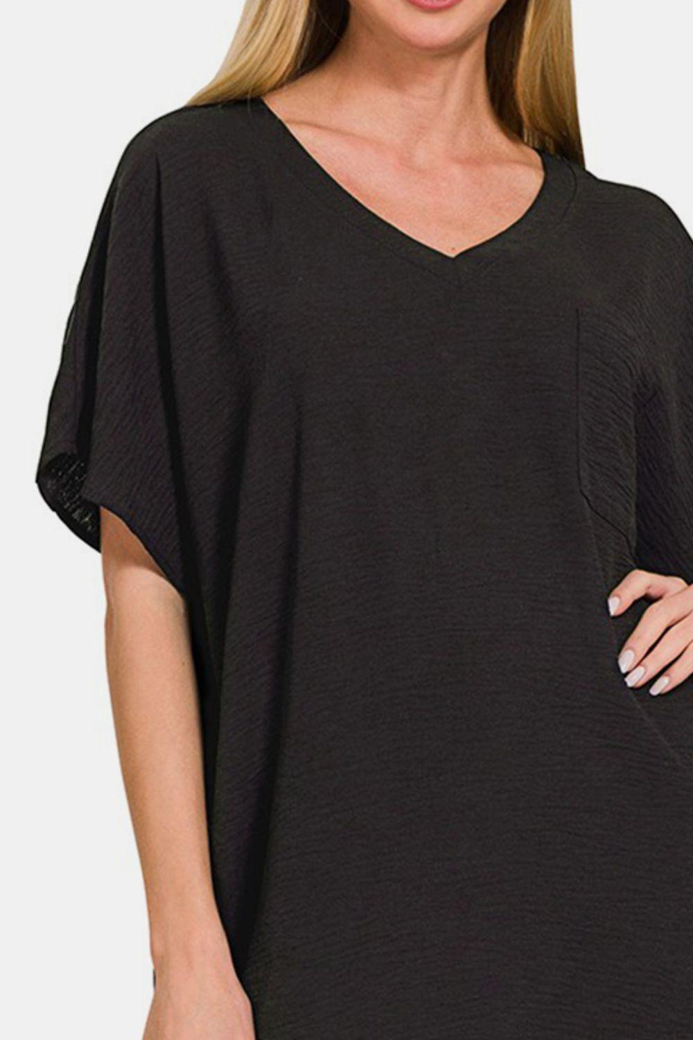 Zenana V-Neck Tee Dress with Pockets - ClubOn