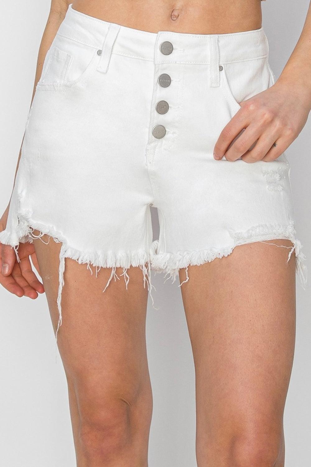 RISEN Button Fly Frayed Hem Denim Shorts - ClubOn