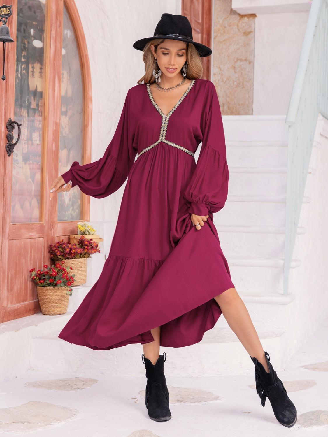 V-Neck Lantern Sleeve Ruffle Hem Dress - ClubOn
