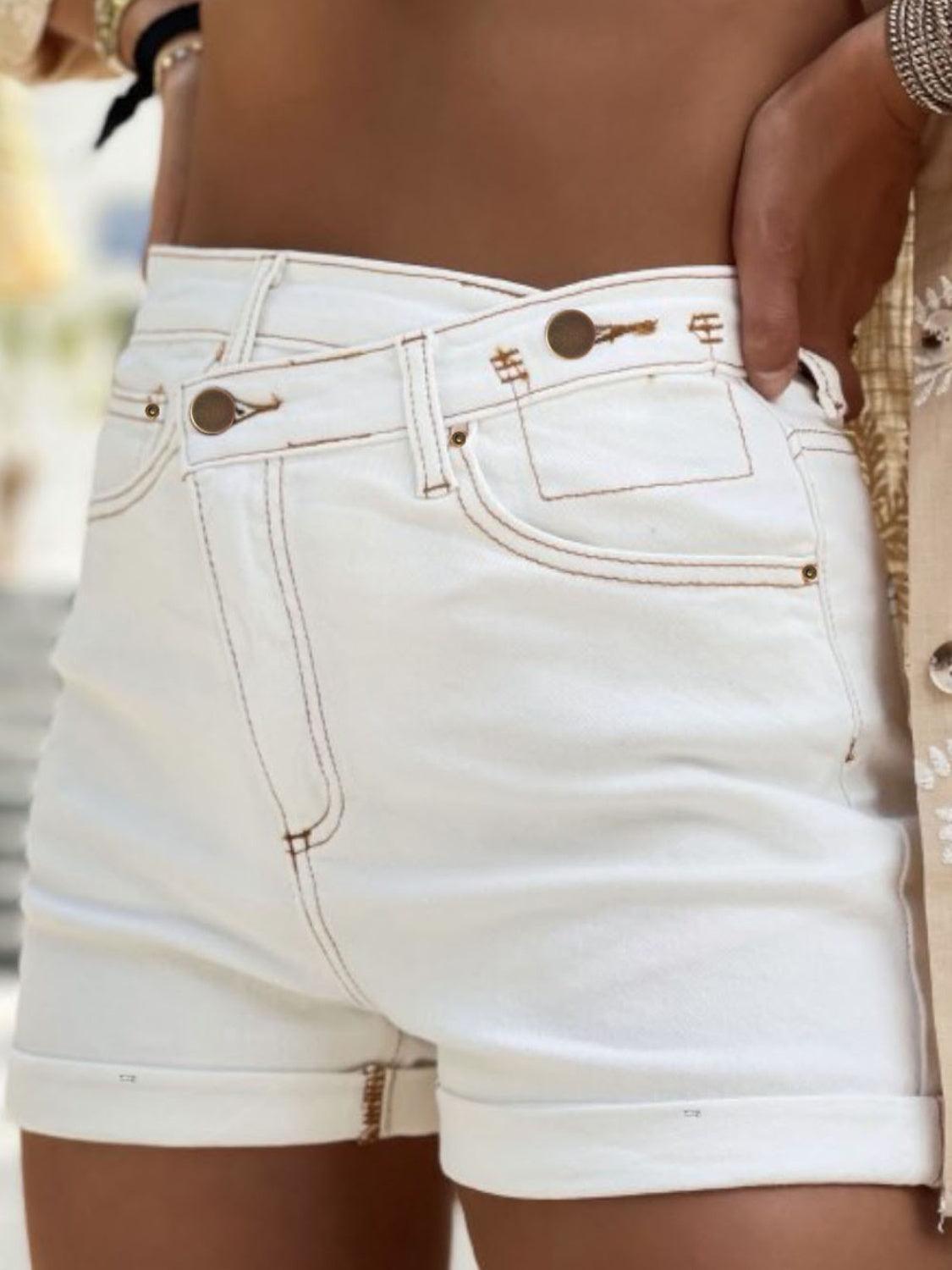 Asymmetrical Waist Denim Shorts - ClubOn