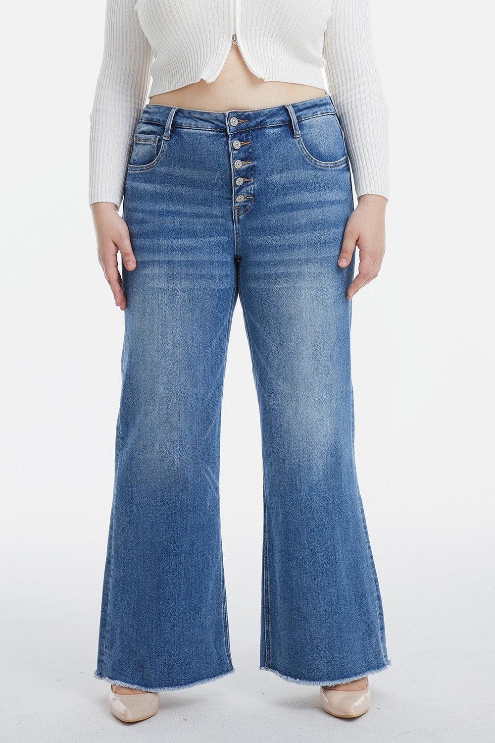 BAYEAS Full Size High Waist Button-Fly Raw Hem Wide Leg Jeans - ClubOn