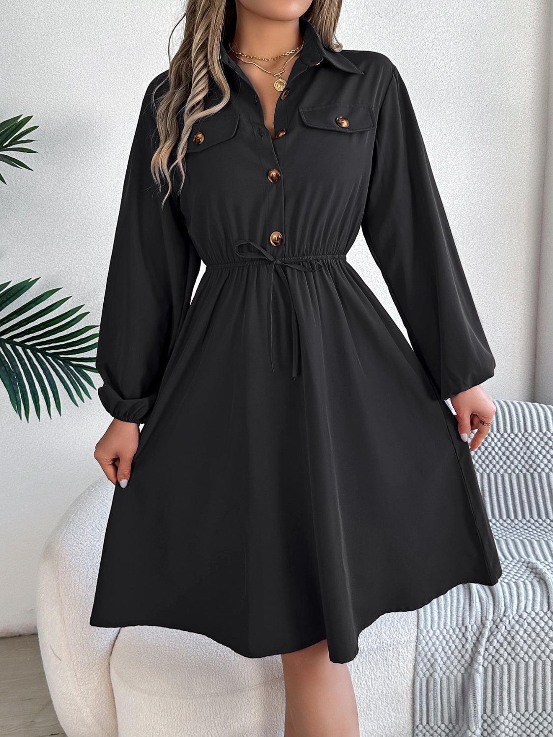 Collared Neck Long Sleeve Dress with Pockets - ClubOn