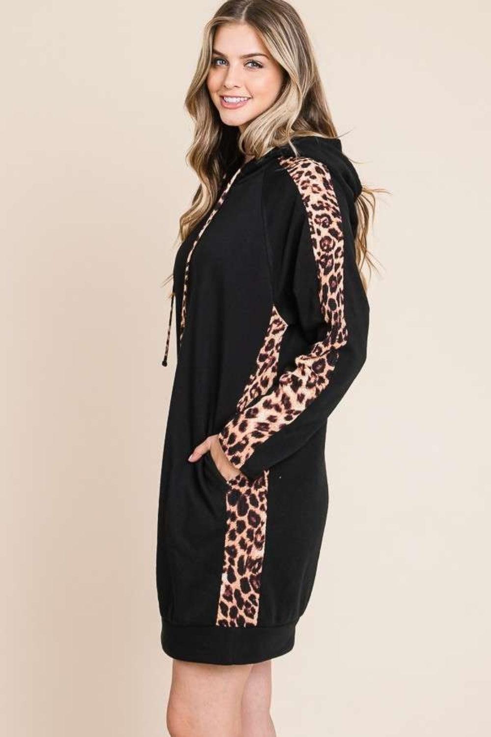 Culture Code Drawstring Leopard Long Sleeve Hooded Dress - ClubOn