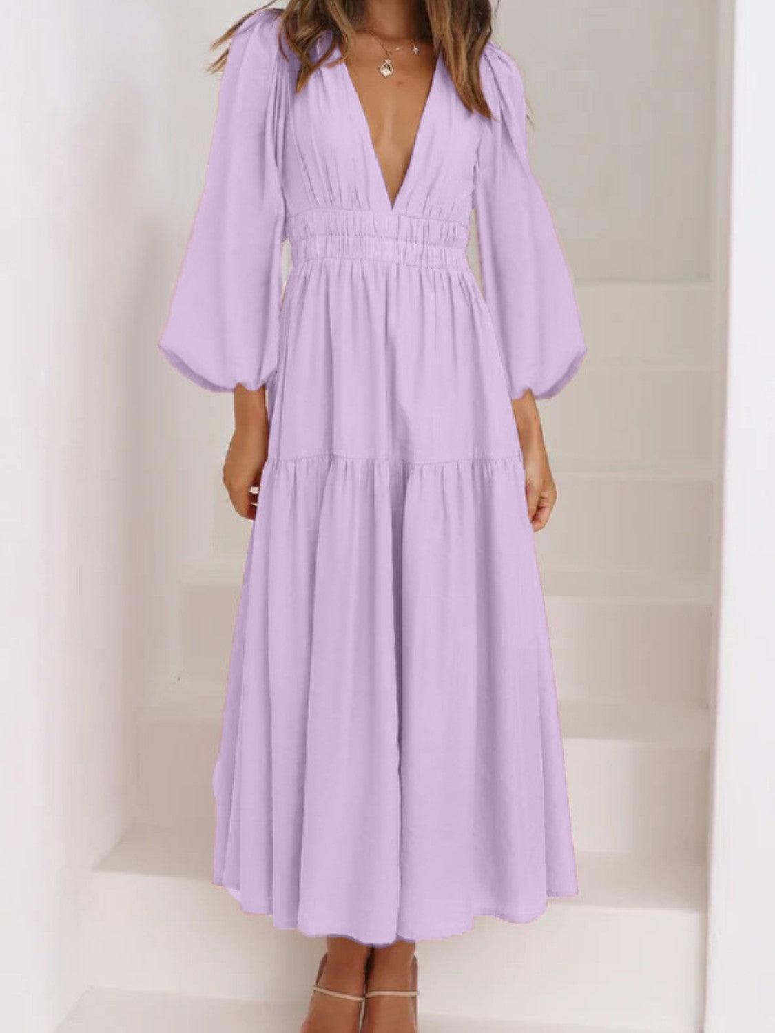 Deep V-Neck Balloon Sleeve Plain Maxi Dress - ClubOn