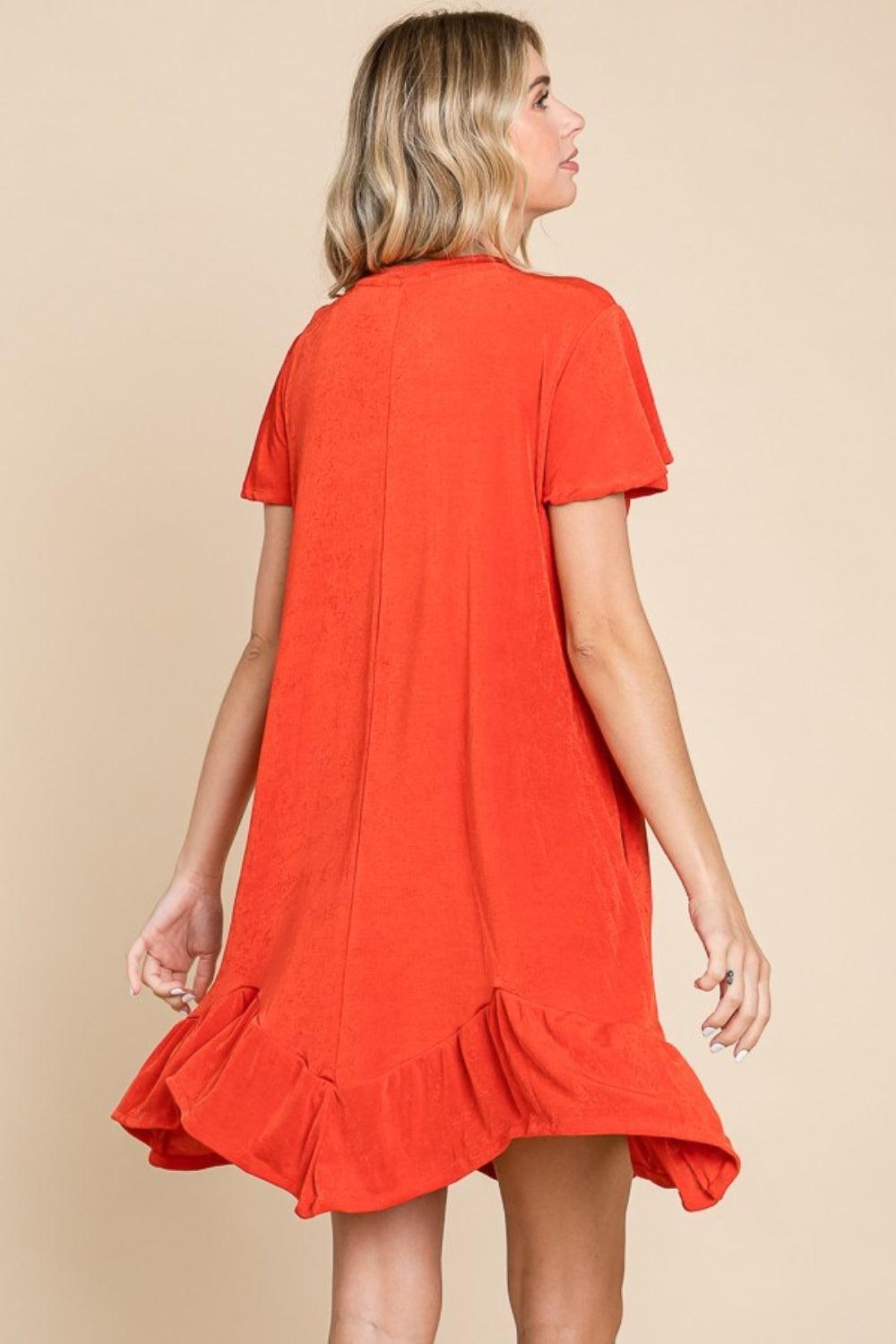Culture Code Full Size Short Sleeve Ruffled Asymmetric Hem Dress - ClubOn