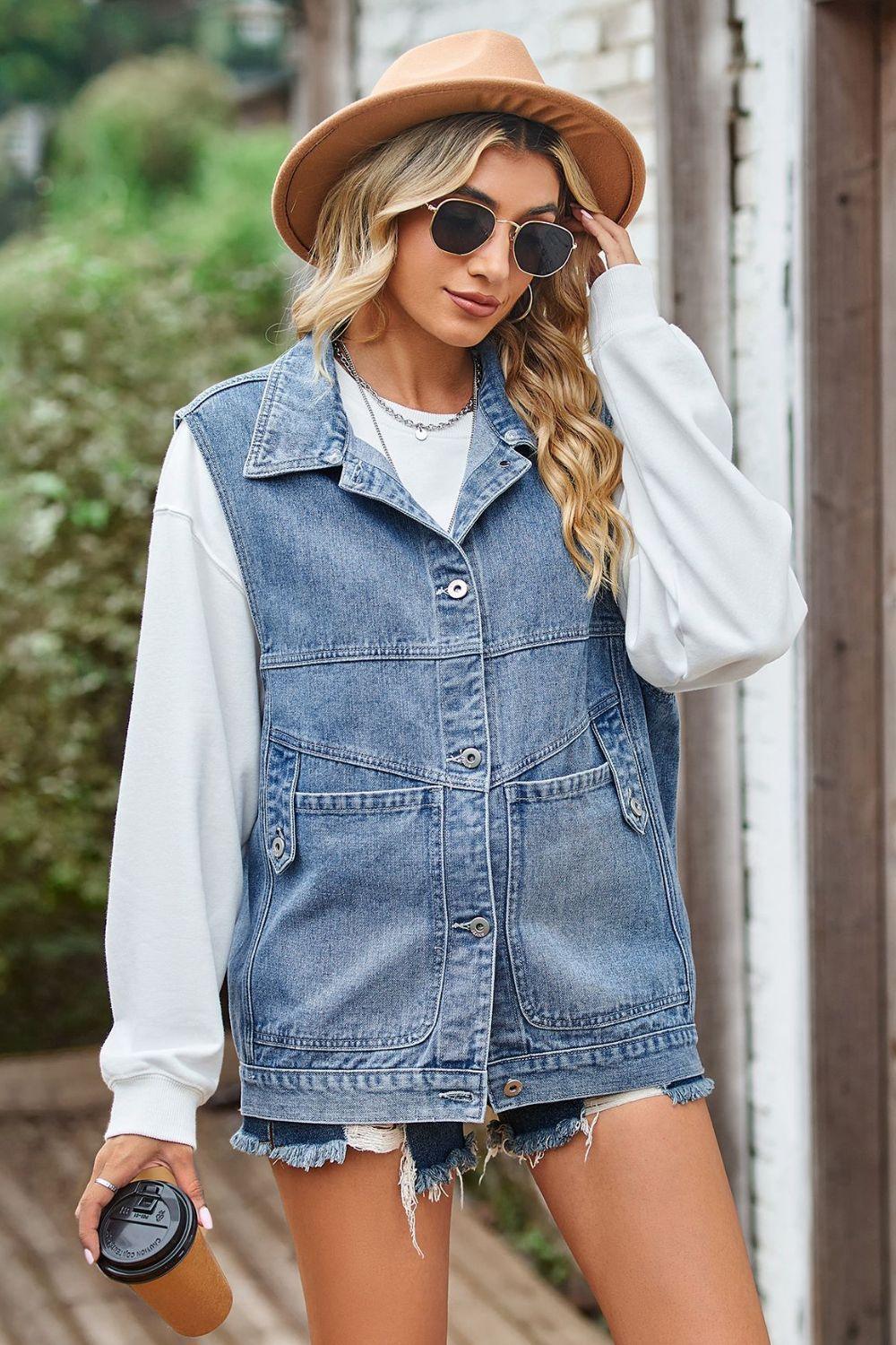 Sleeveless Denim Top with A Detachable Hood - ClubOn
