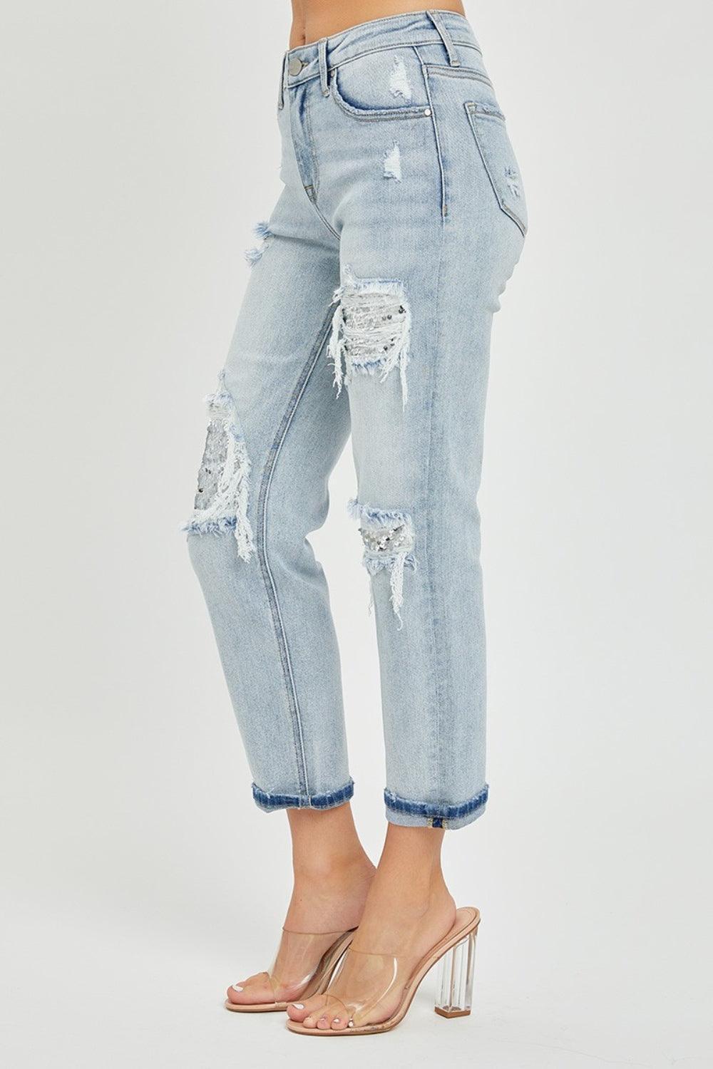 RISEN Mid-Rise Sequin Patched Jeans - ClubOn