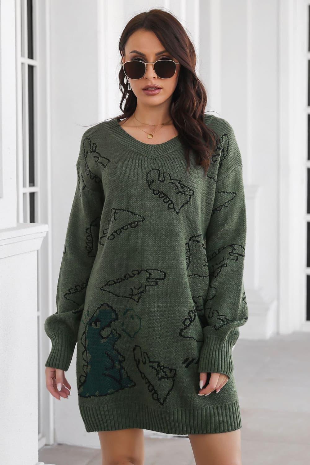 Dinosaur Pattern V-Neck Sweater Dress - ClubOn