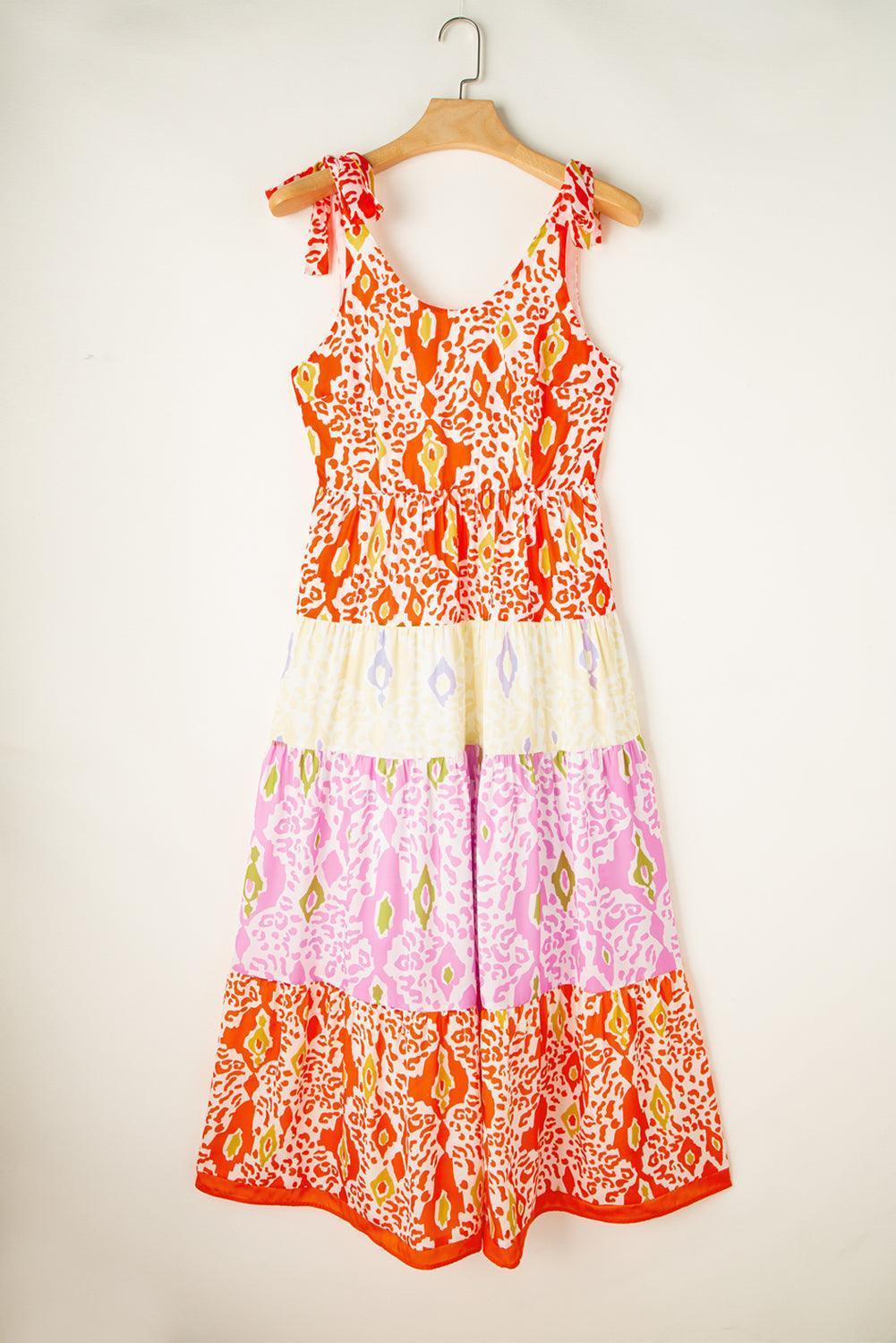 Tied Leopard Scoop Neck Sleeveless Midi Dress - ClubOn