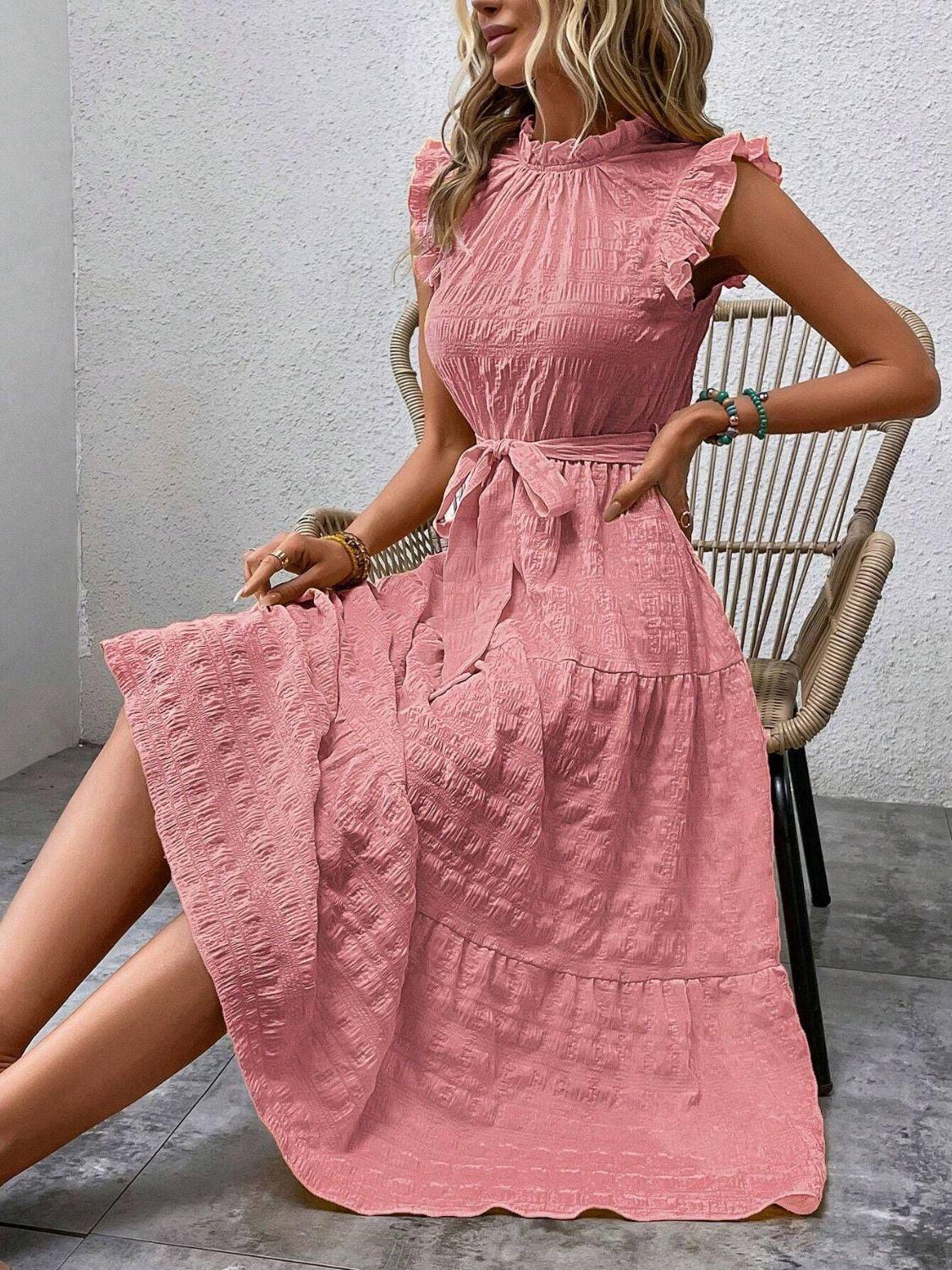 Tied Ruffled Cap Sleeve Midi Dress - ClubOn