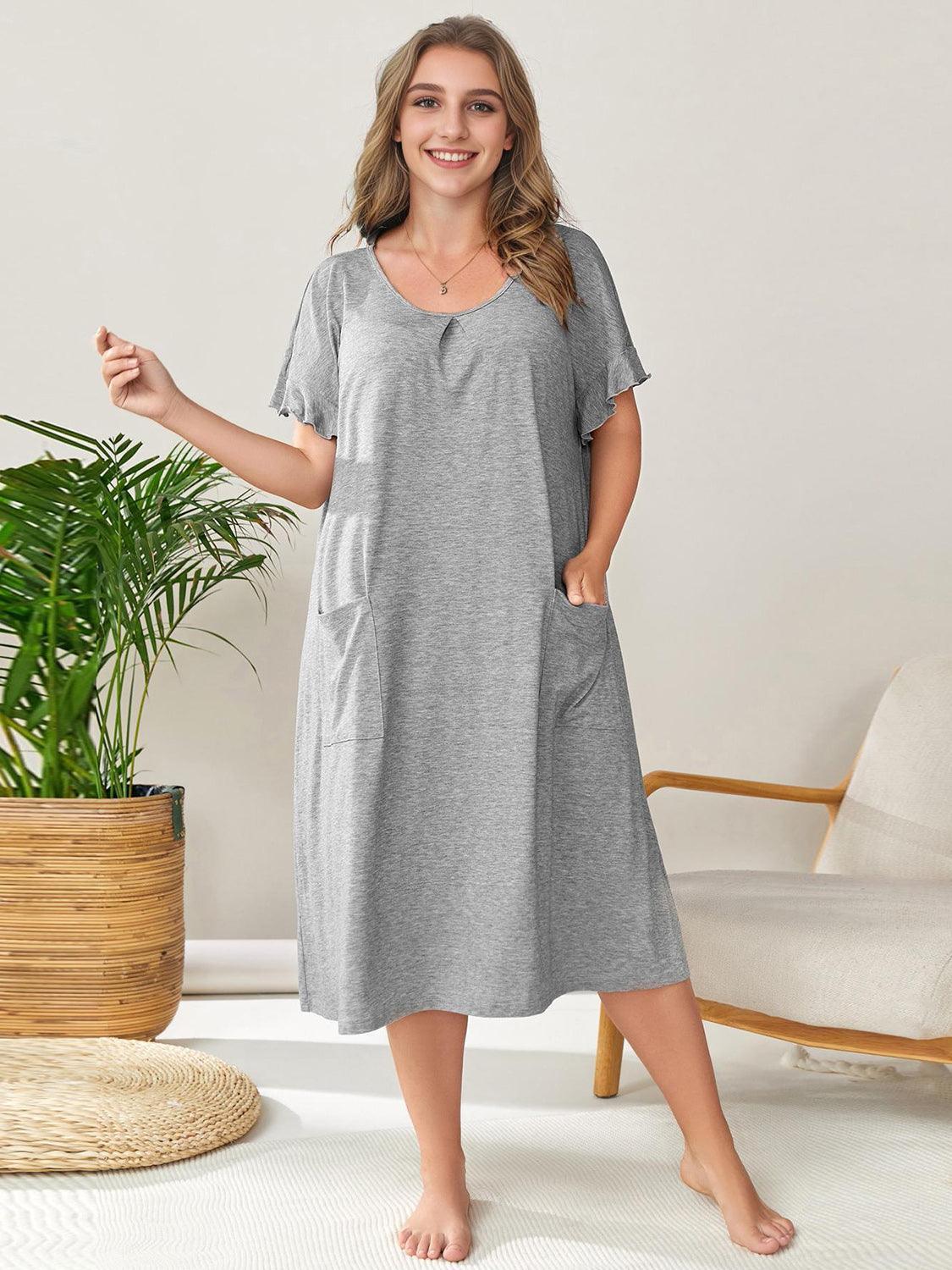 Plus Size Round Neck Short Sleeve Lounge Dress - ClubOn