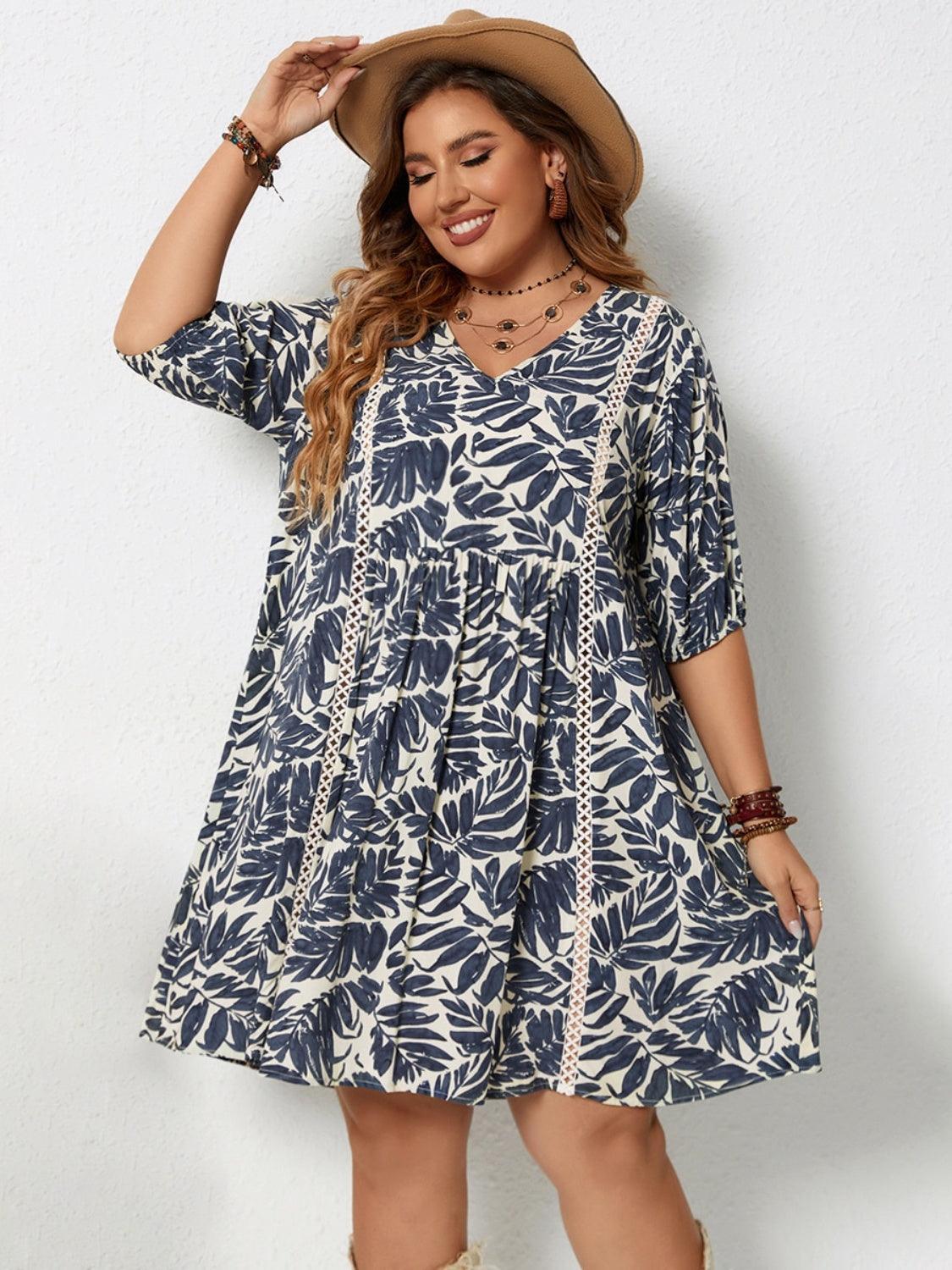 Plus Size Printed V-Neck Half Sleeve Mini Dress - ClubOn