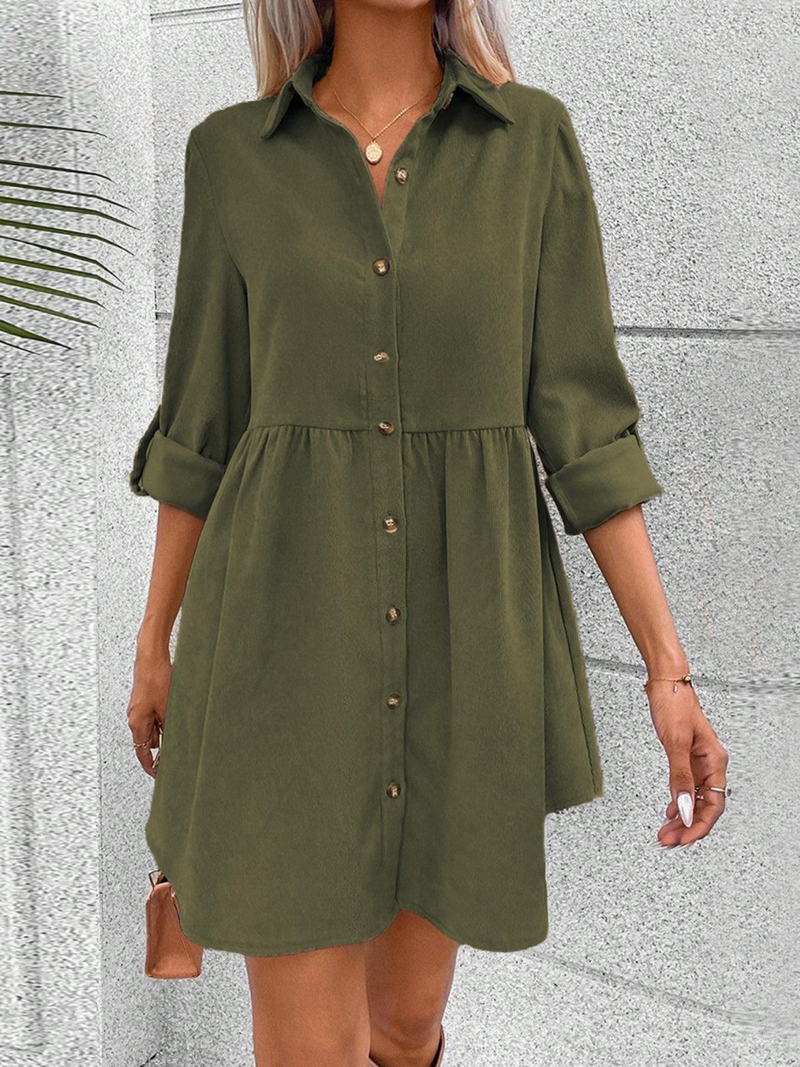 Button Up Collared Neck Long Sleeve Dress - ClubOn