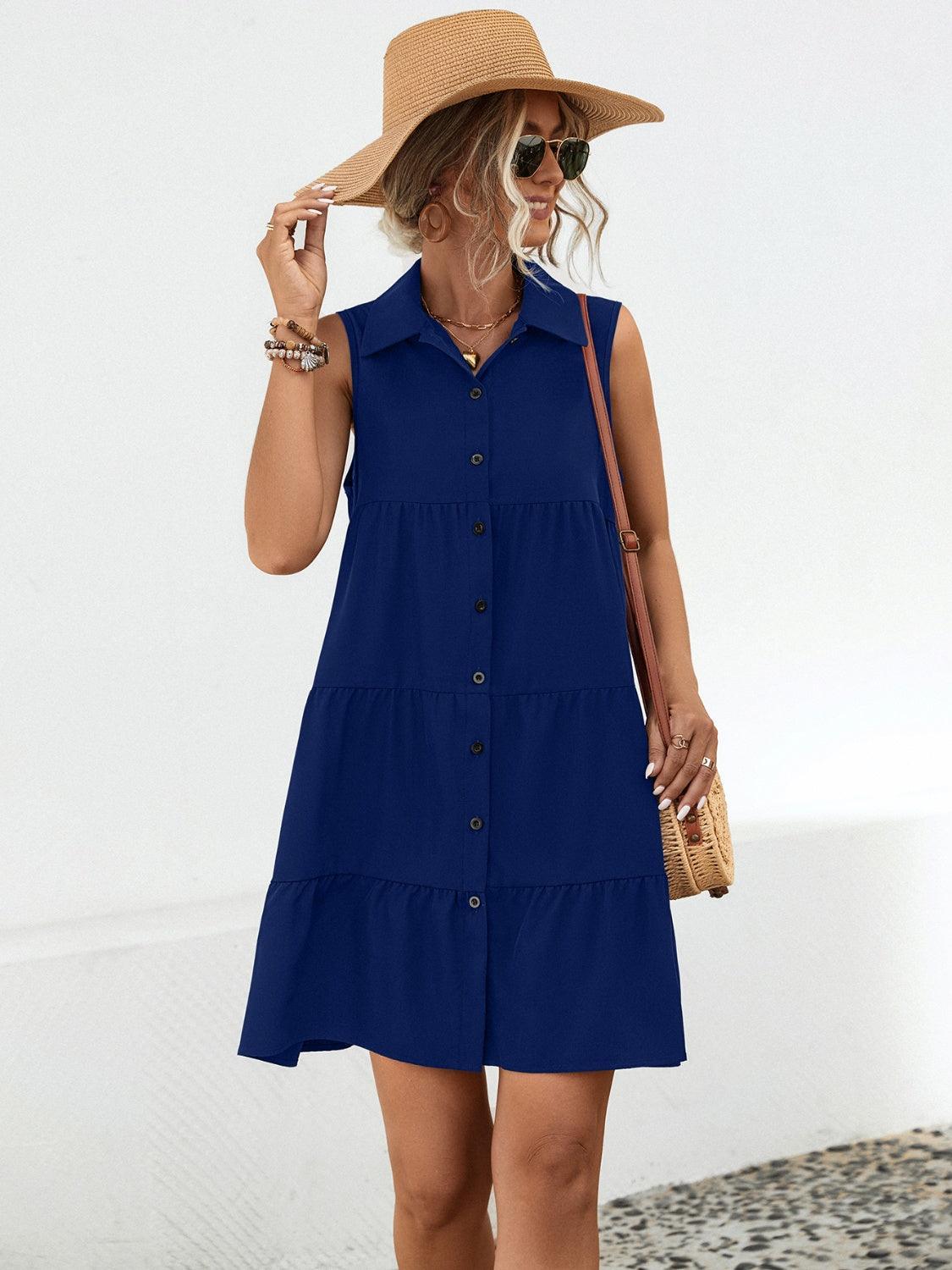 Button Up Sleeveless Mini Dress - ClubOn