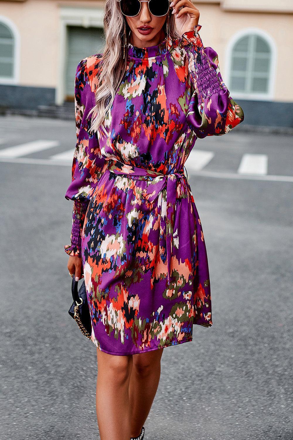 Devine Printed Tie Waist Mock Neck Lantern Sleeve Dress - ClubOn
