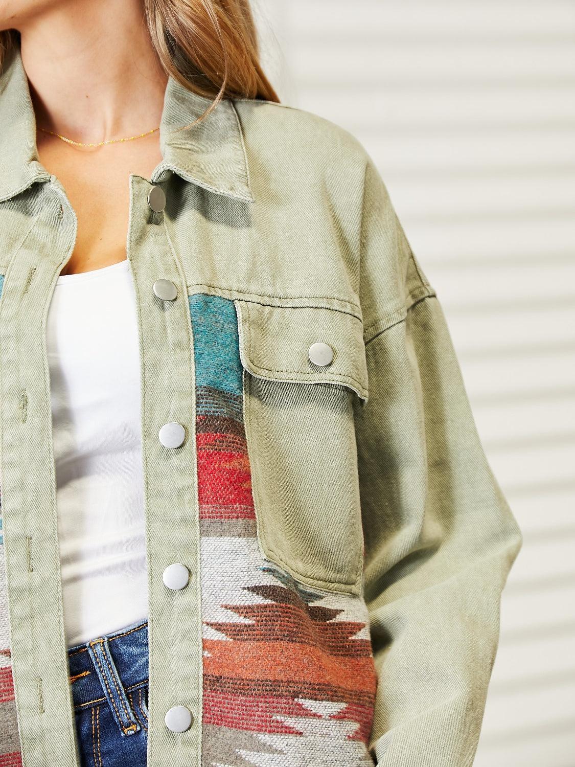 Dropped Shoulder Long Sleeve Printed Denim Jacket - ClubOn