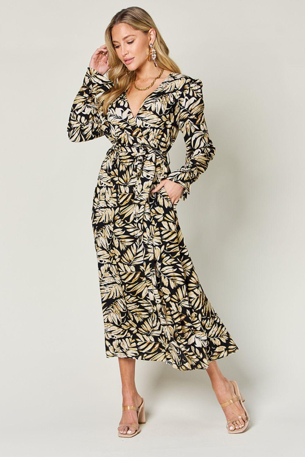 Double Take Full Size Tie Back Flounce Sleeve Dress - ClubOn
