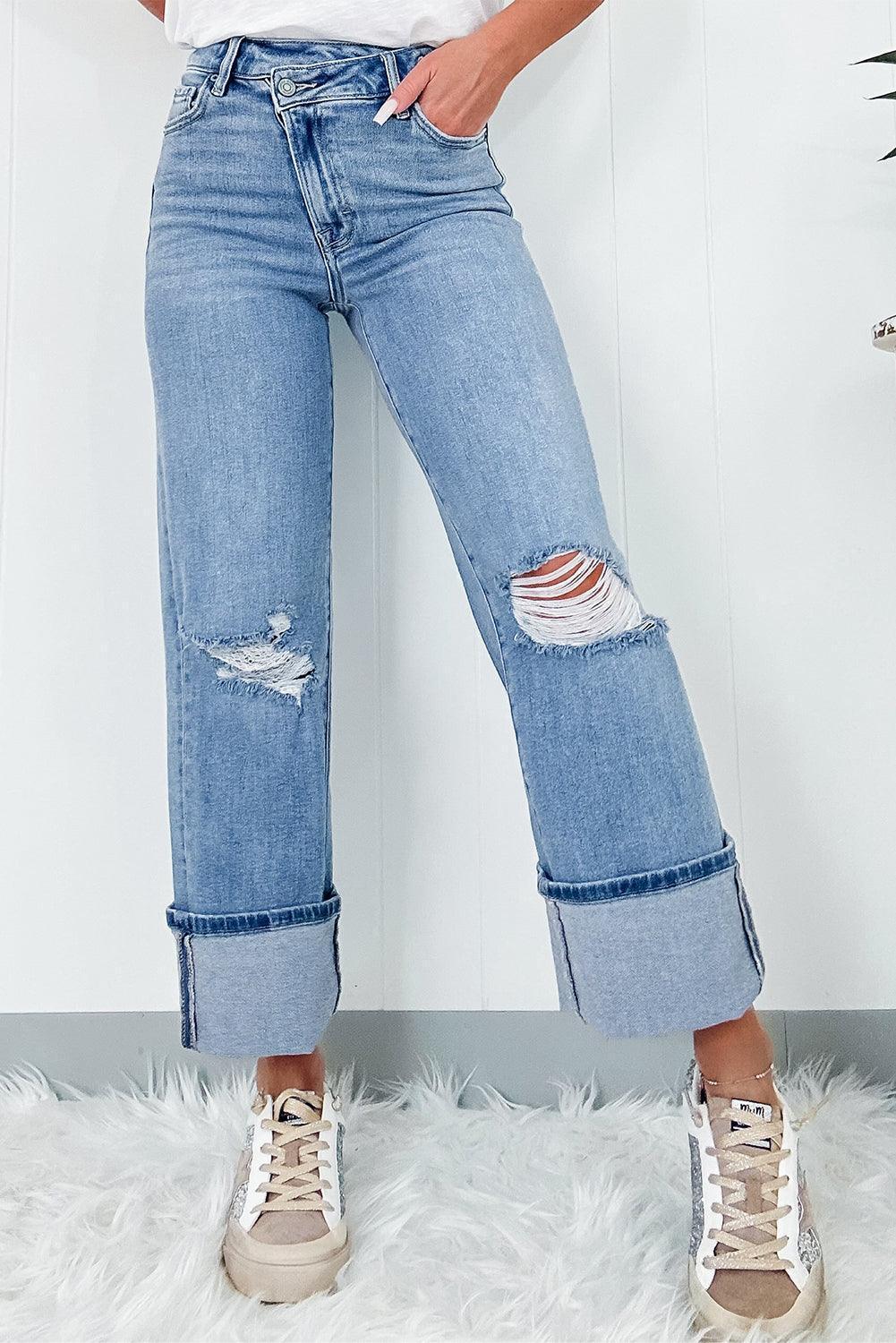 Distressed Straight Jeans with Pockets - ClubOn