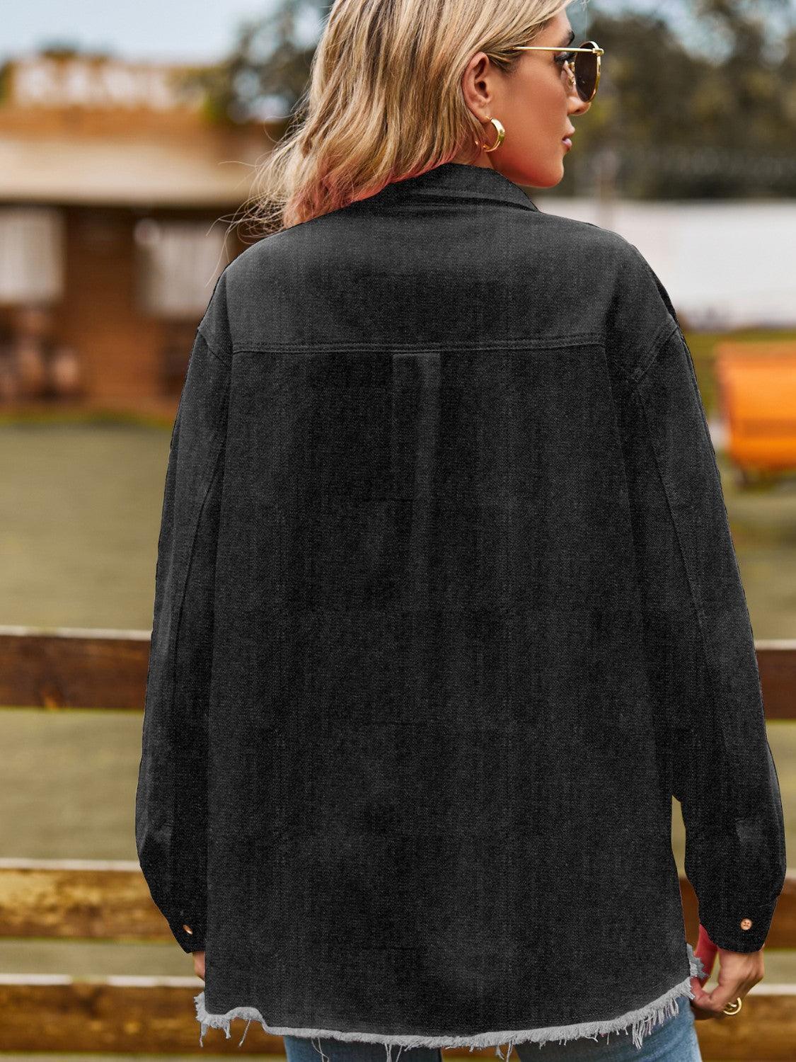 Button Up Collared Neck Raw Hem Denim Top - ClubOn