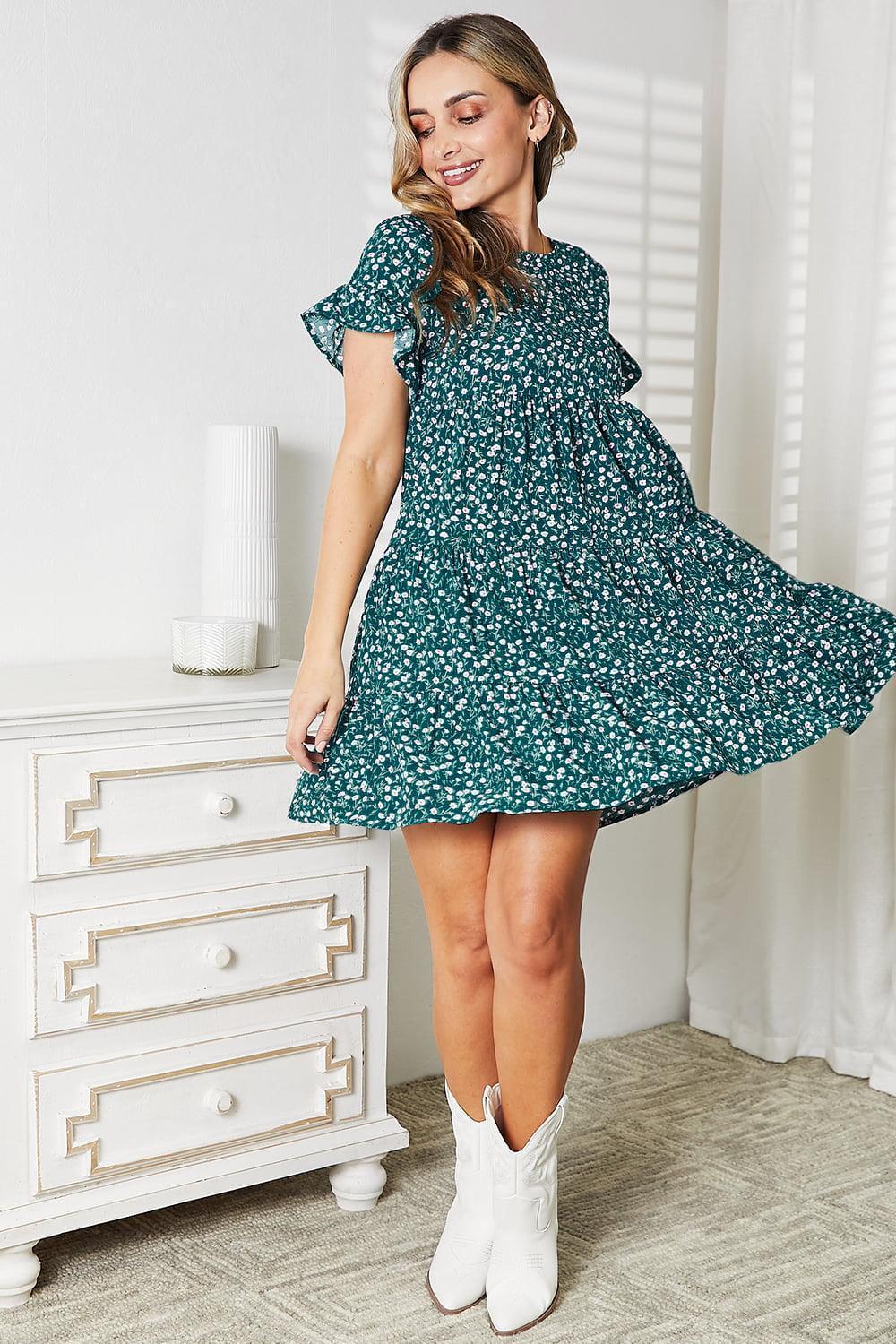 Double Take Short Flounce Sleeve Tiered Dress - ClubOn