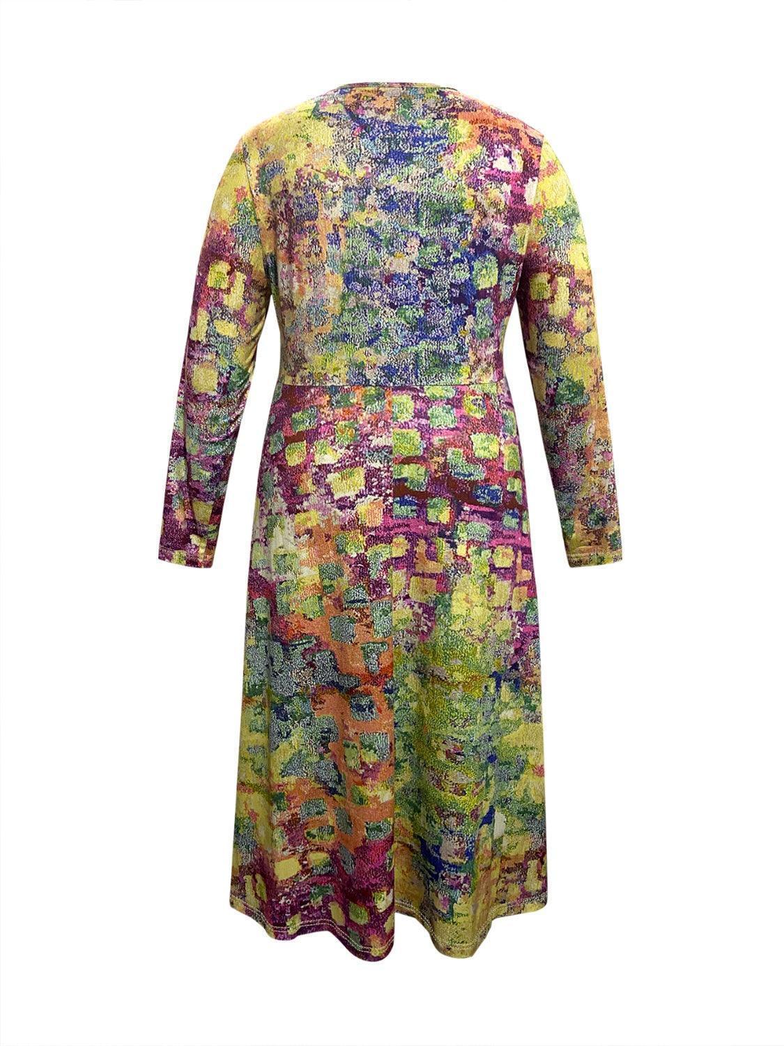 Plus Size Printed Round Neck Long Sleeve Dress - ClubOn