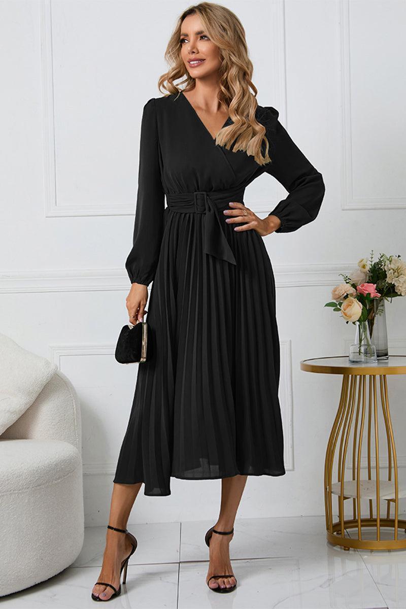 V-Neck Long Sleeve Tie Waist Midi Dress - ClubOn