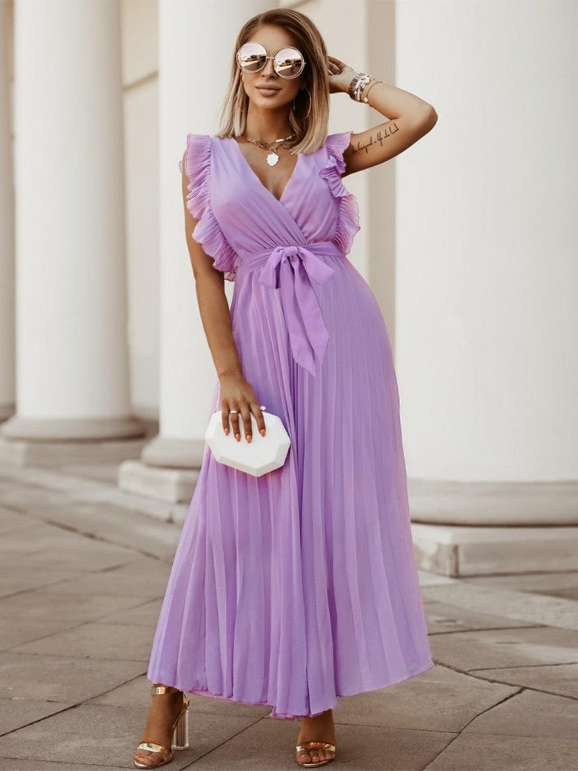 Tied Surplice Cap Sleeve Pleated Dress - ClubOn