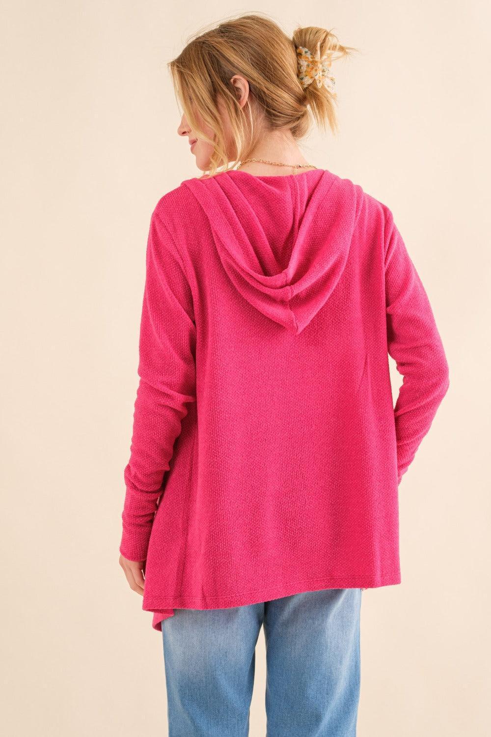 And The Why Full Size Thermal Hooded Open Front Cardigan with Pockets - ClubOn