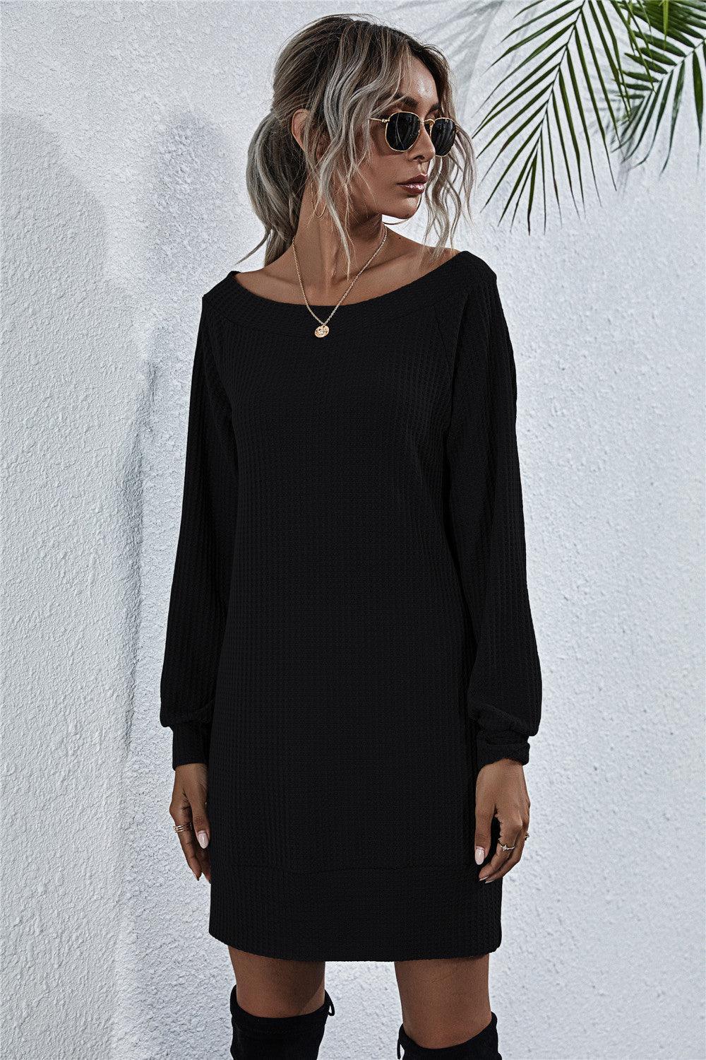Waffle-Knit Boat Neck Mini Dress - ClubOn