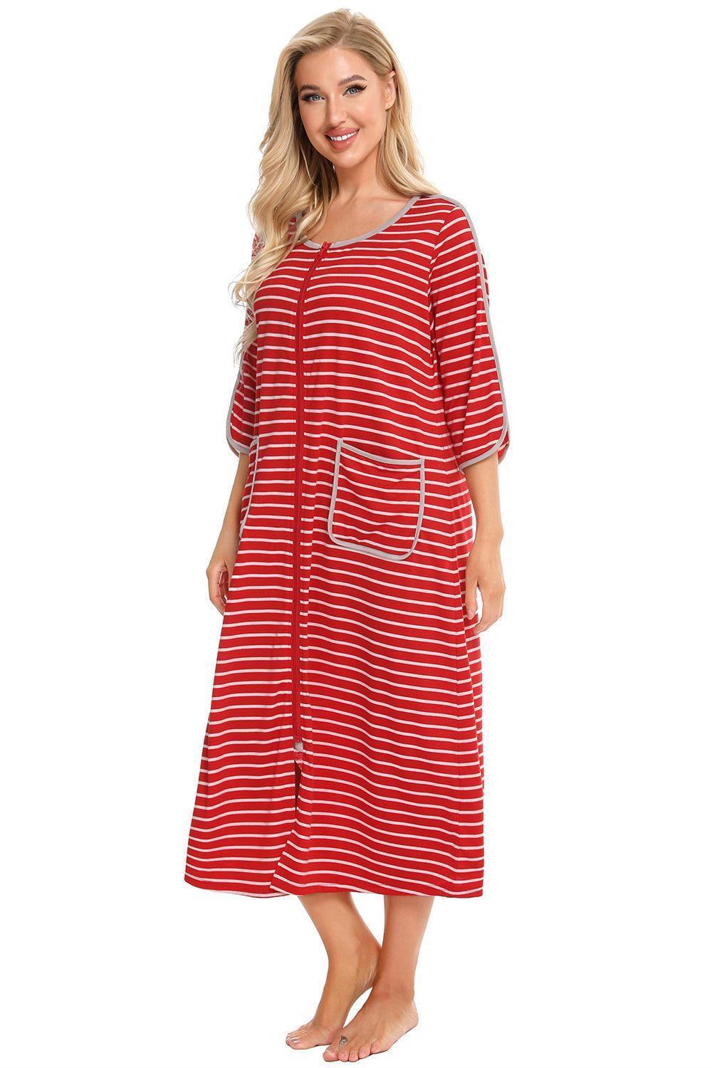 Round Neck Three-Quarter Sleeve Midi Night Dress - ClubOn
