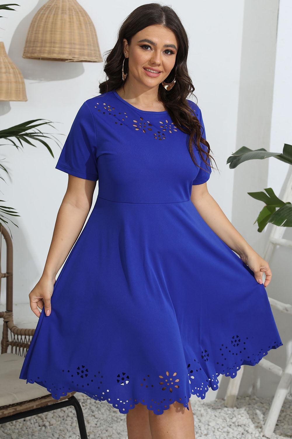 Plus Size Round Neck Openwork Dress - ClubOn