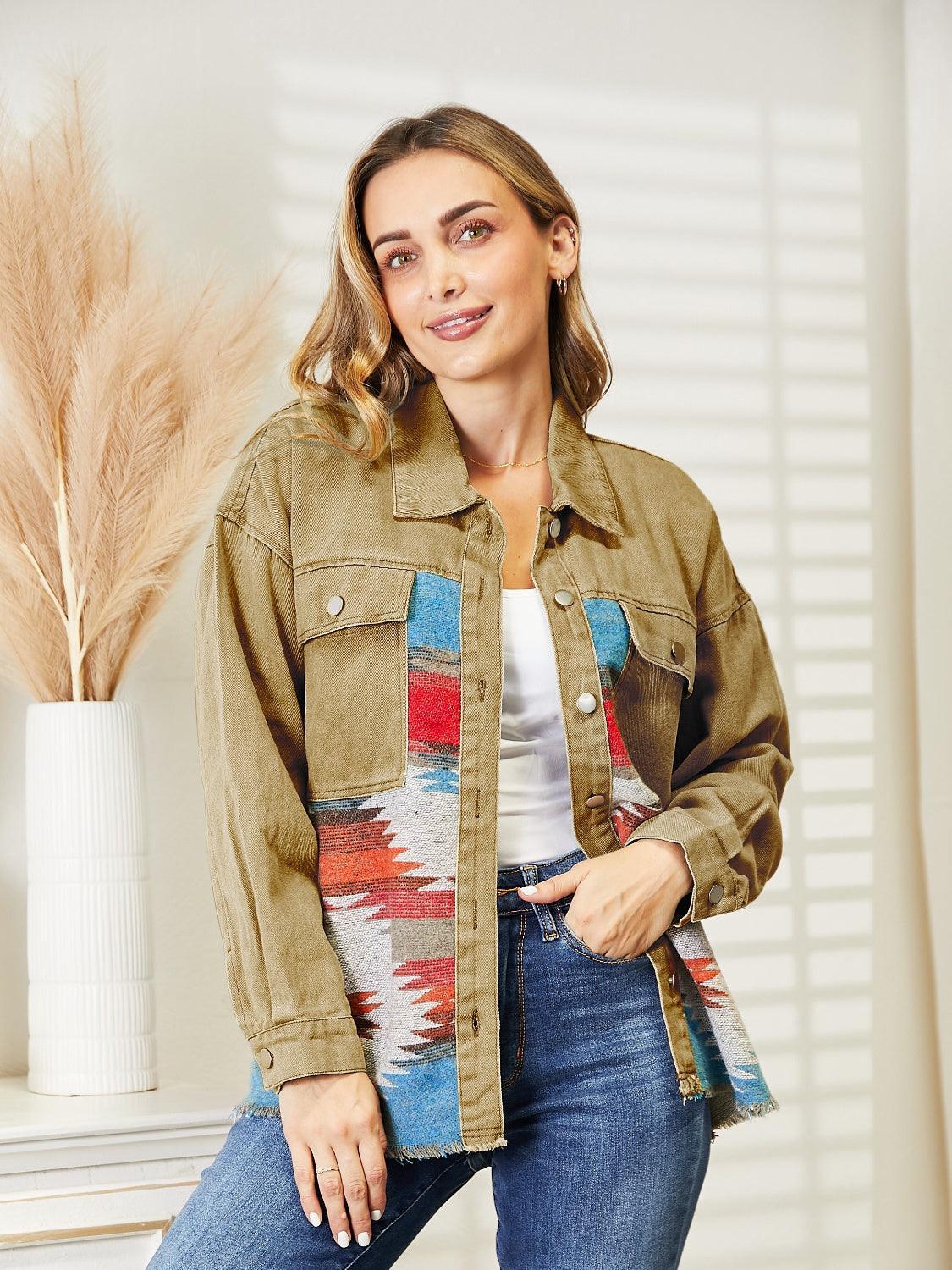 Dropped Shoulder Long Sleeve Printed Denim Jacket - ClubOn