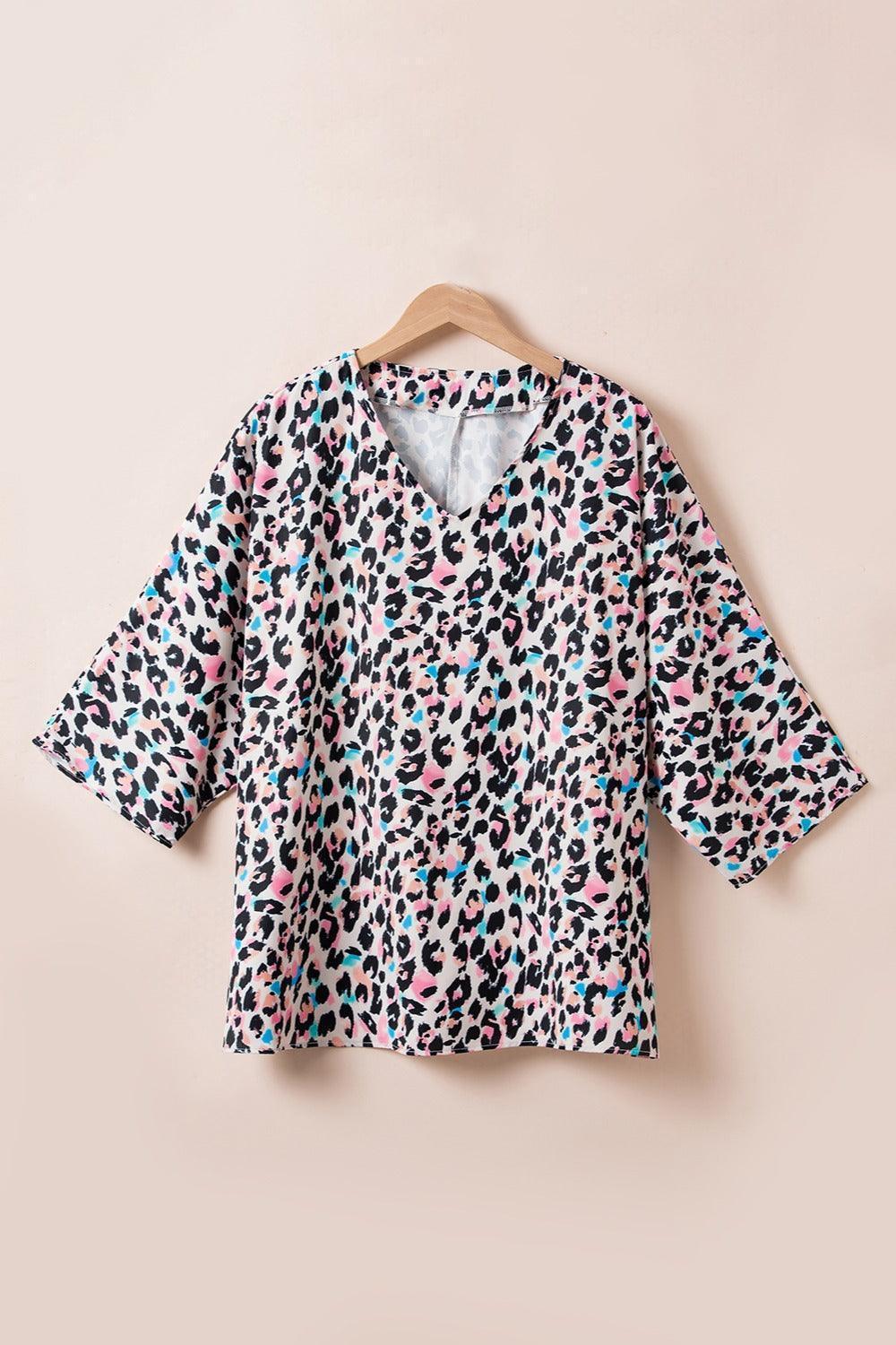 Plus Size Leopard V-Neck Three-Quarter Sleeve Blouse - ClubOn