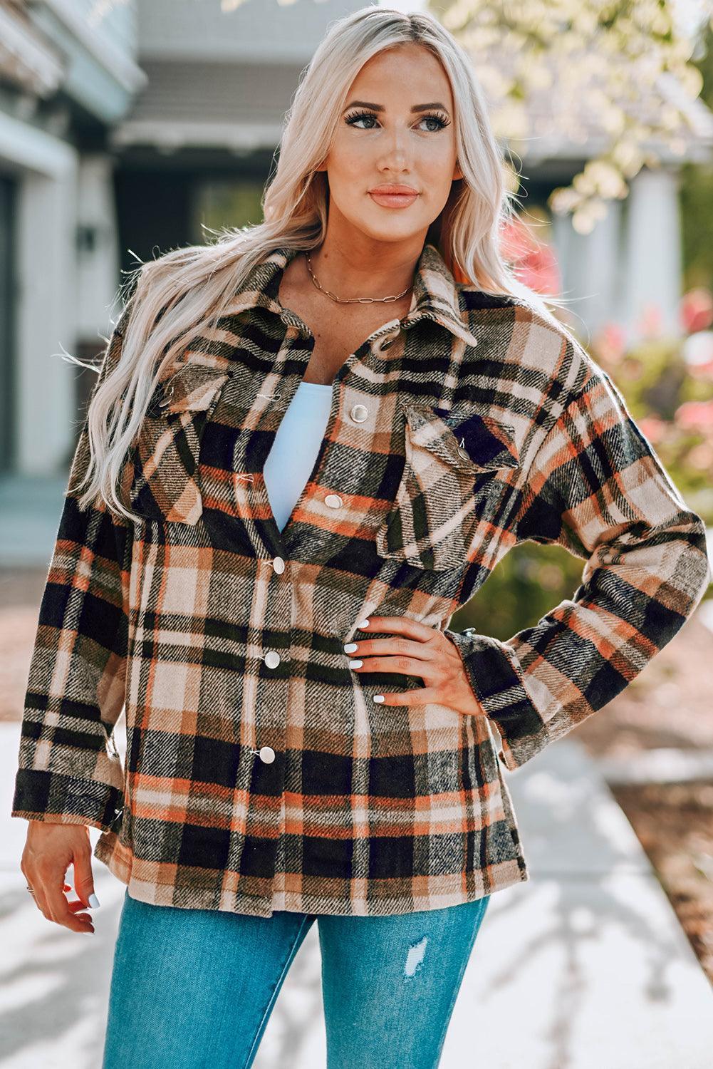 Double Take Plaid Button Front Shirt Jacket with Breast Pockets - ClubOn