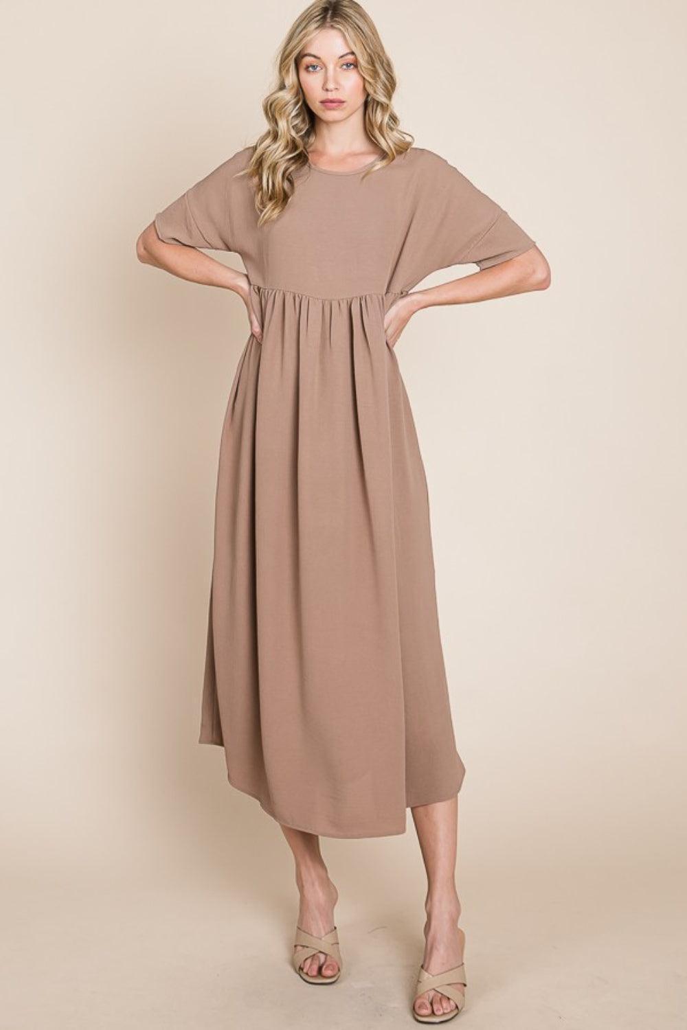 BOMBOM Round Neck Ruched Midi Dress - ClubOn