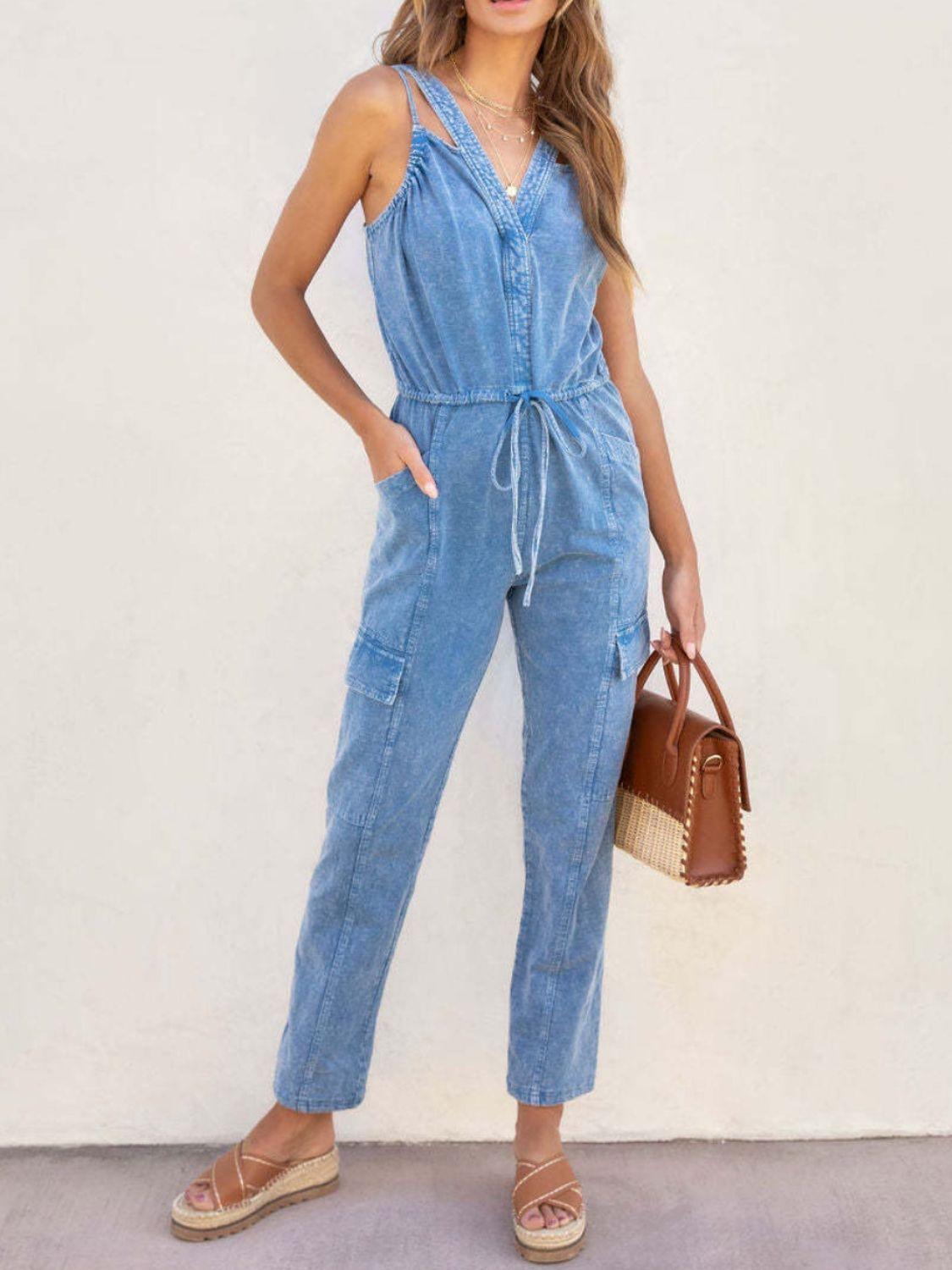 V-Neck Sleeveless Denim Jumpsuit - ClubOn
