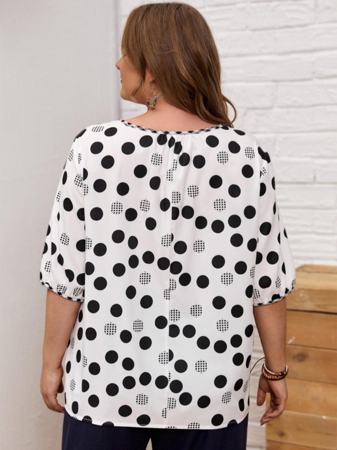 Plus Size Polka Dot Round Neck Half Sleeve Blouse - ClubOn