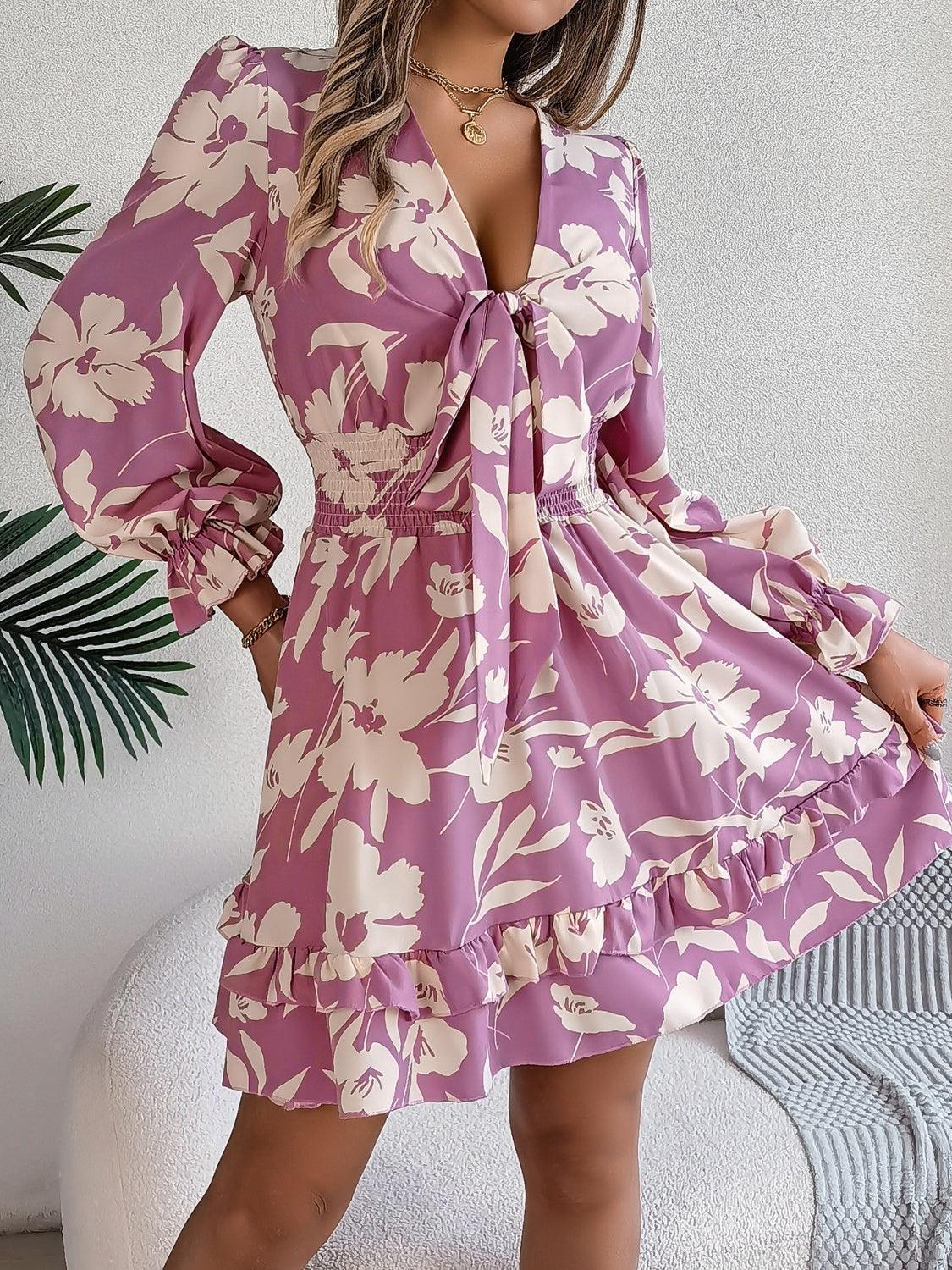 Tied Ruffled Printed Long Sleeve Dress - ClubOn
