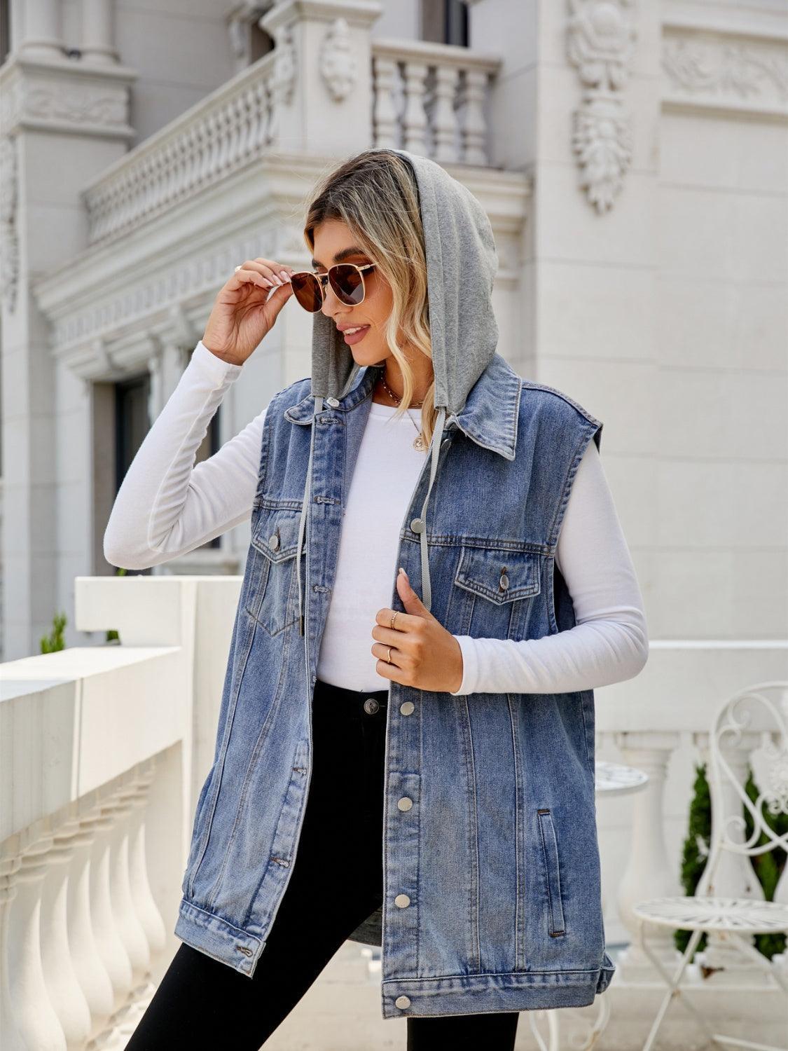Drawstring Pocketed Button Up Sleeveless Denim Jacket - ClubOn