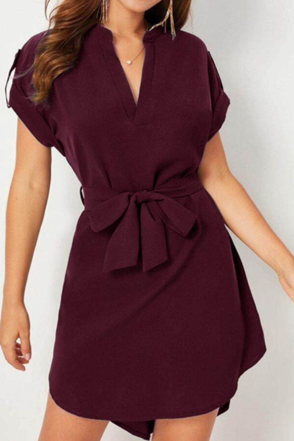 Tied Notched Short Sleeve Dress - ClubOn