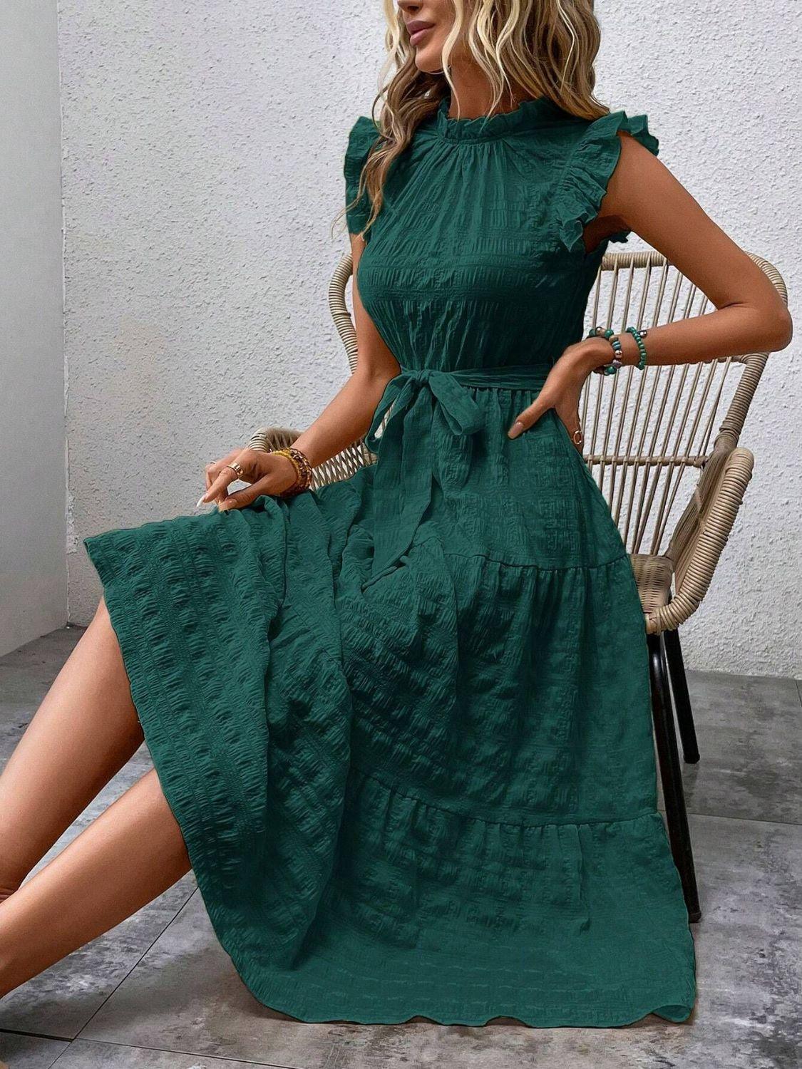Tied Ruffled Cap Sleeve Midi Dress - ClubOn