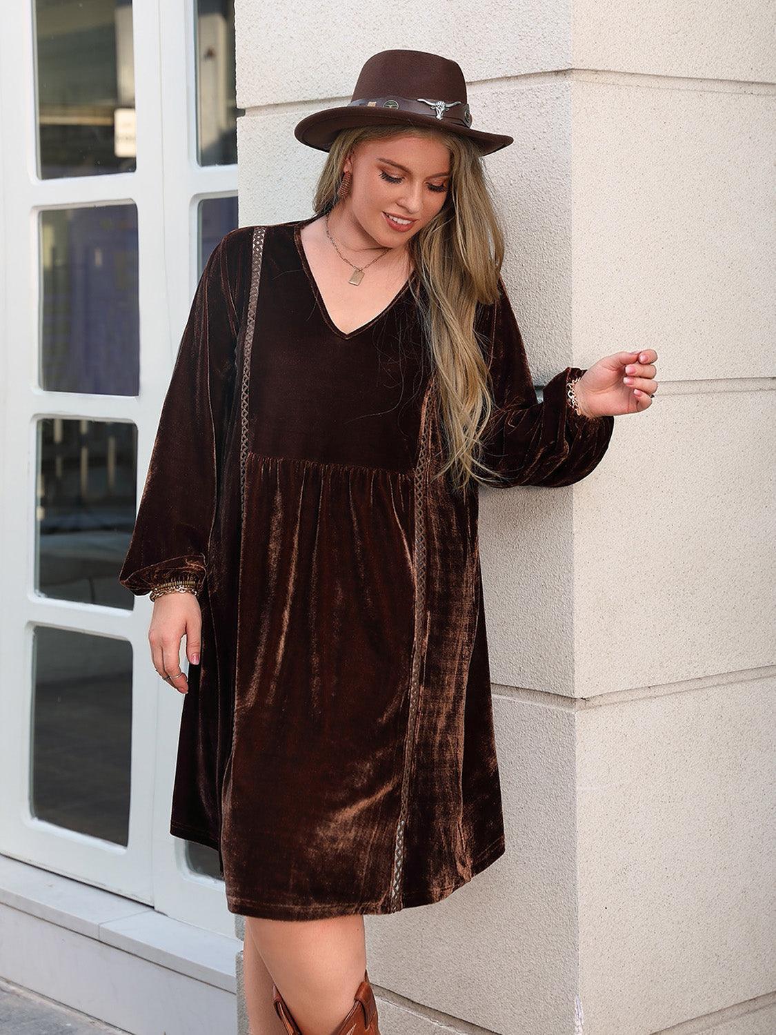 Plus Size V-Neck Balloon Sleeves Dress - ClubOn