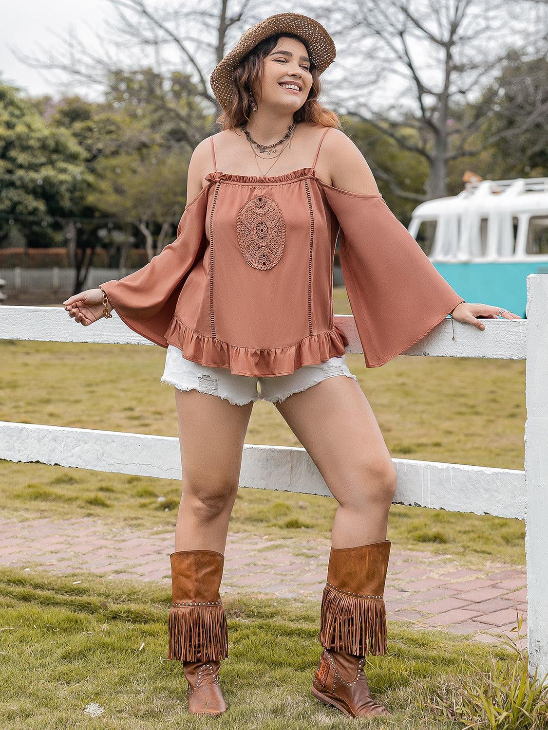 Plus Size Frill Square Neck Long Sleeve Blouse - ClubOn