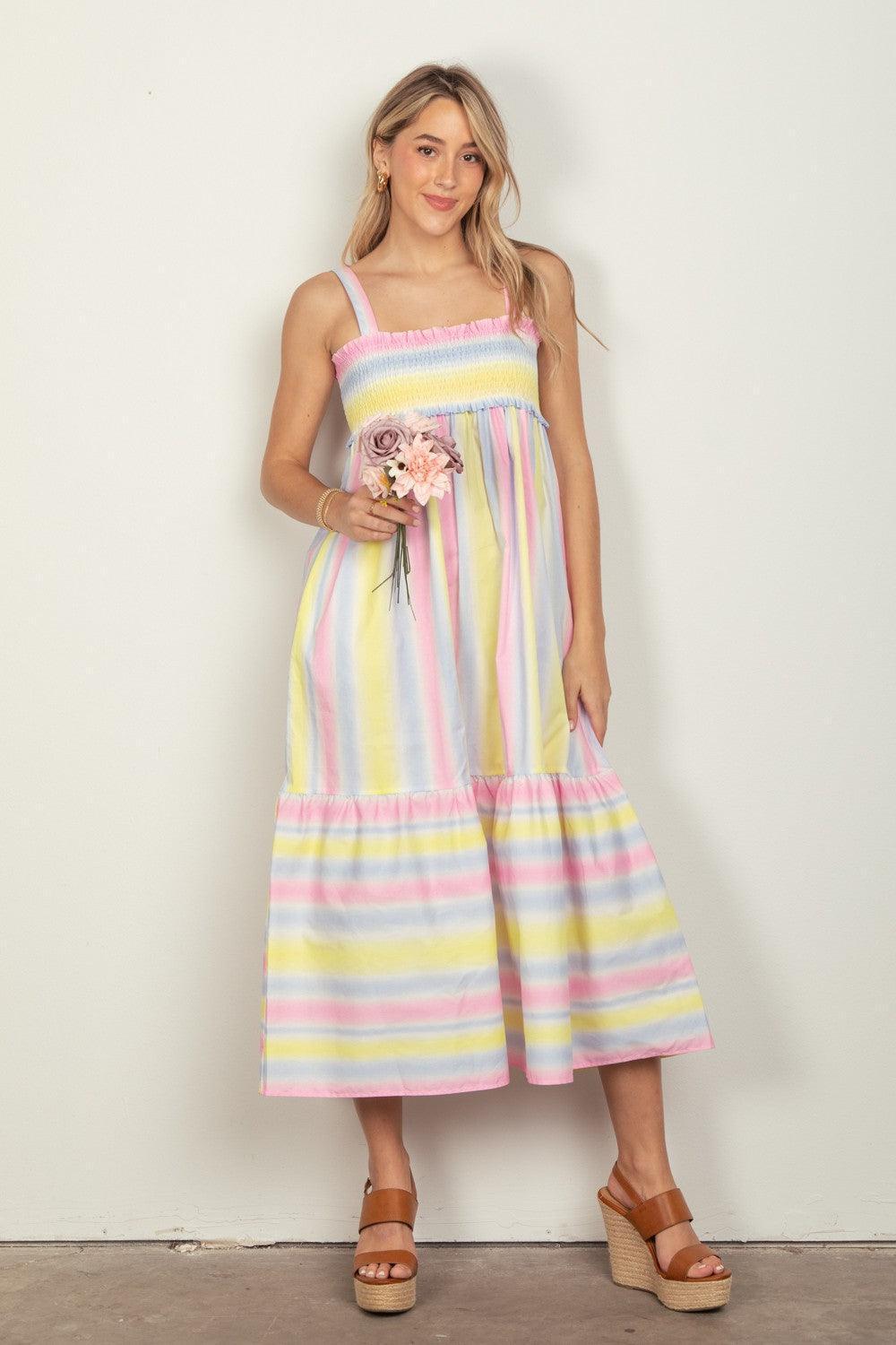 VERY J Striped Woven Smocked Midi Cami Dress - ClubOn