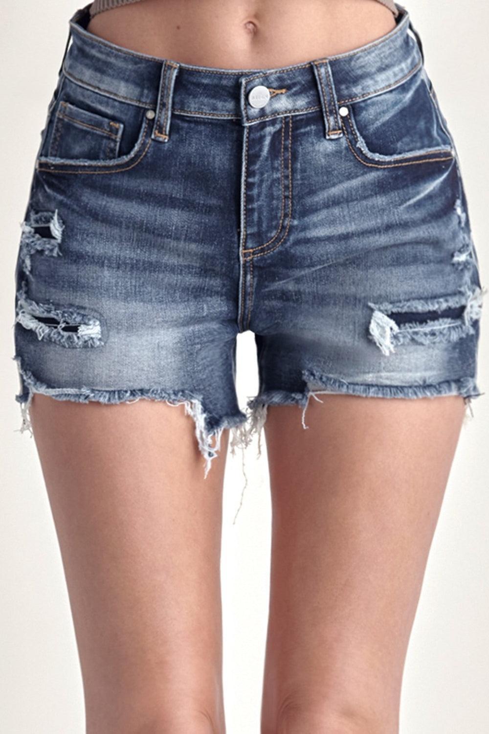 RISEN Mid Rise Raw Hem Denim Shorts - ClubOn